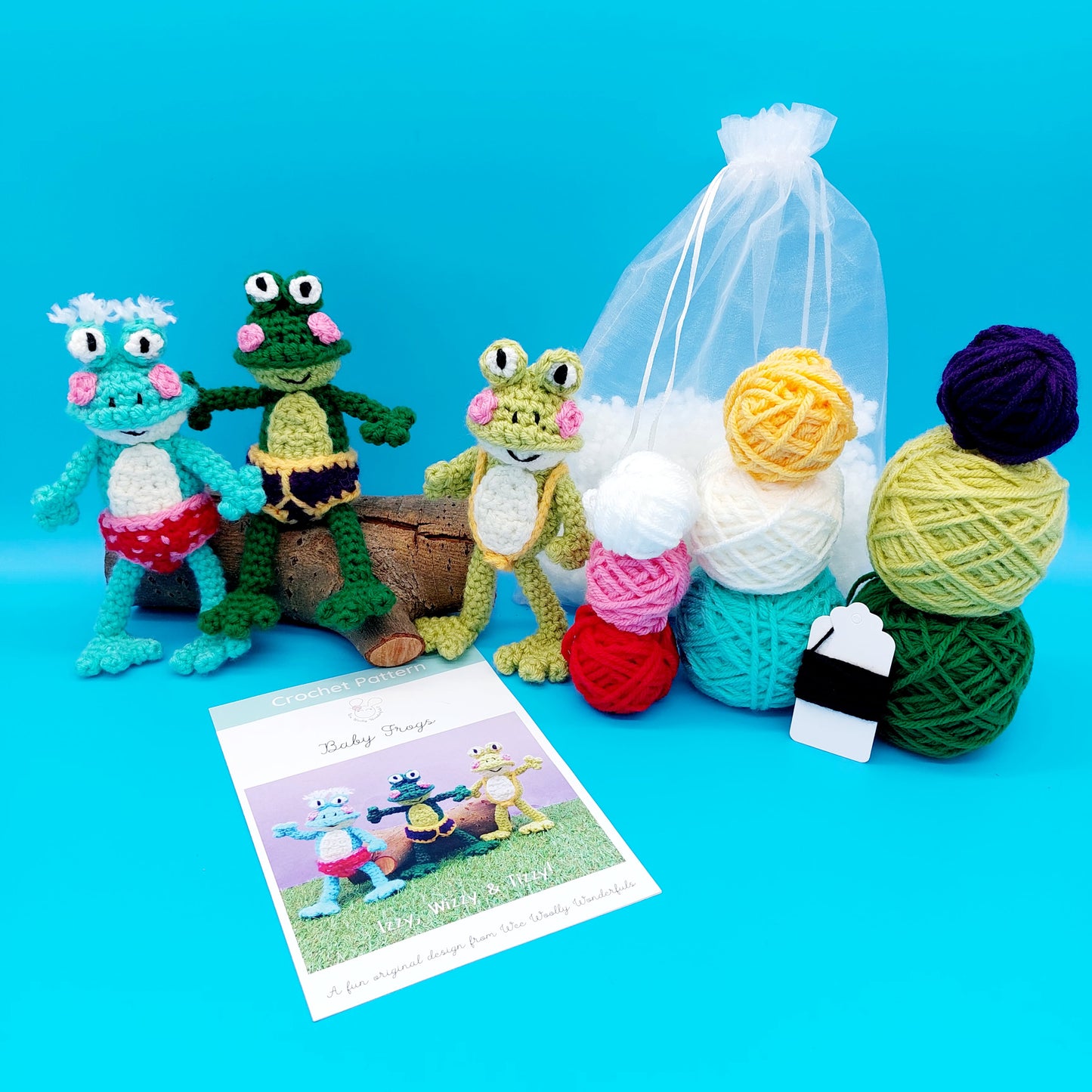 Fizzy the Frog, and Baby Frogs in pants Crochet Kits