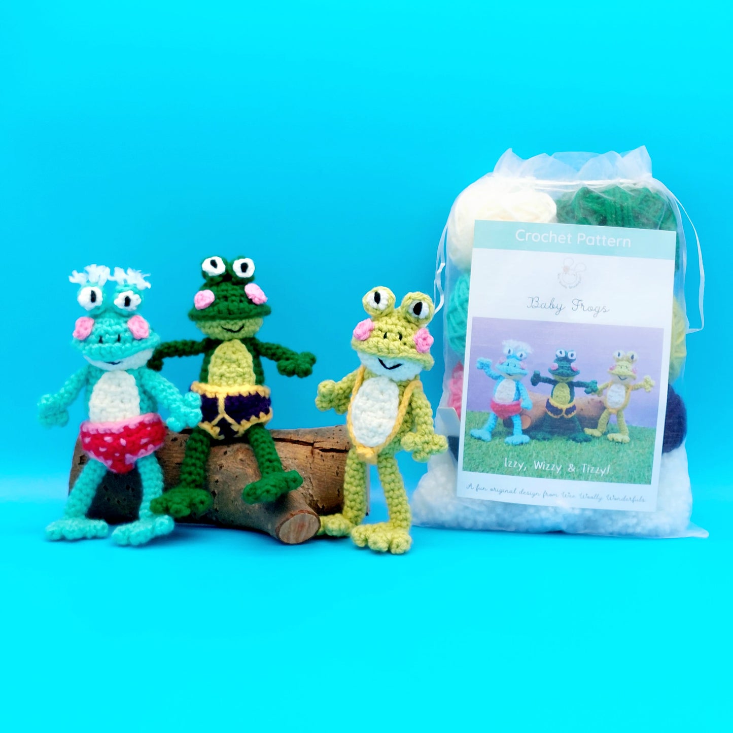Fizzy the Frog, and Baby Frogs in pants Crochet Kits
