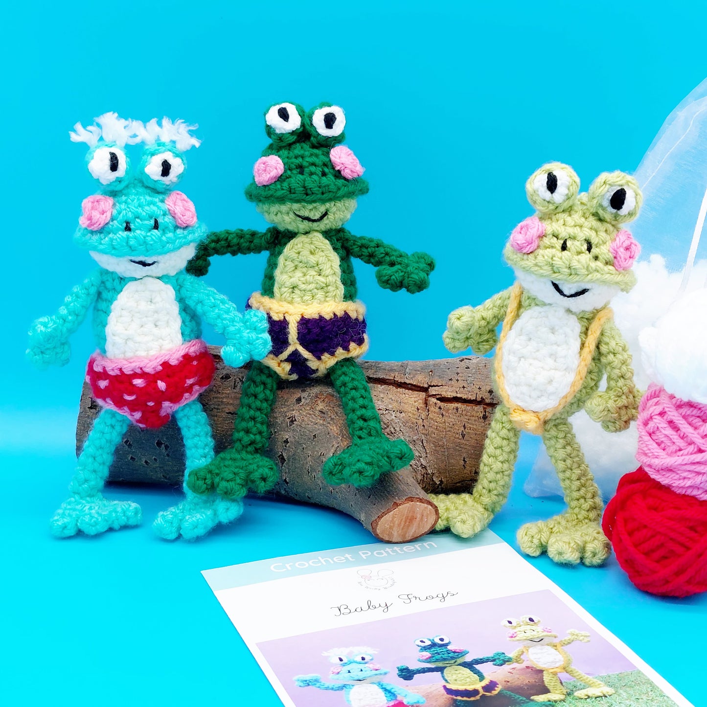 Fizzy the Frog, and Baby Frogs in pants Crochet Kits