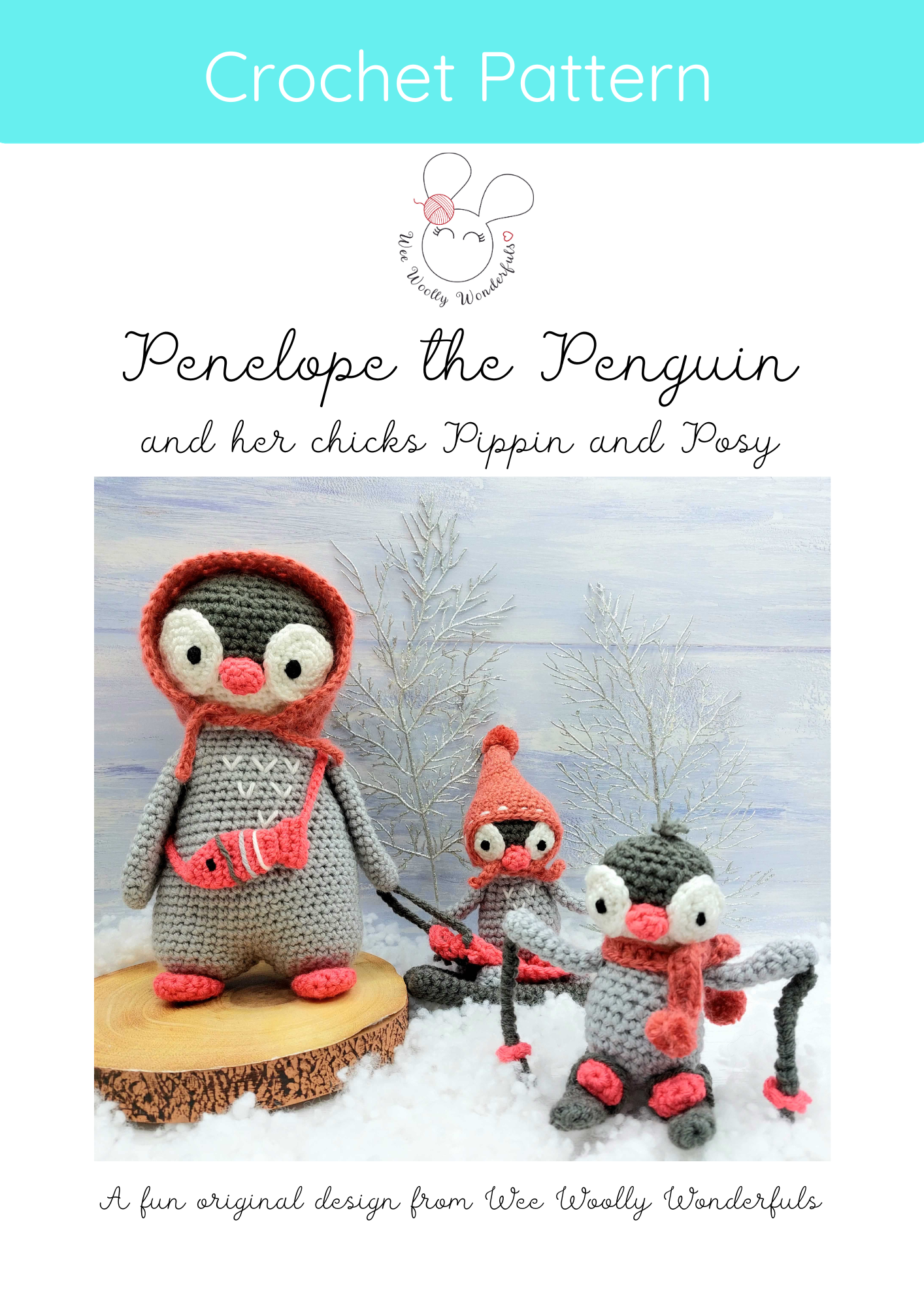 Penelope the Penguin & her chicks Pippin and Posy PDF pattern