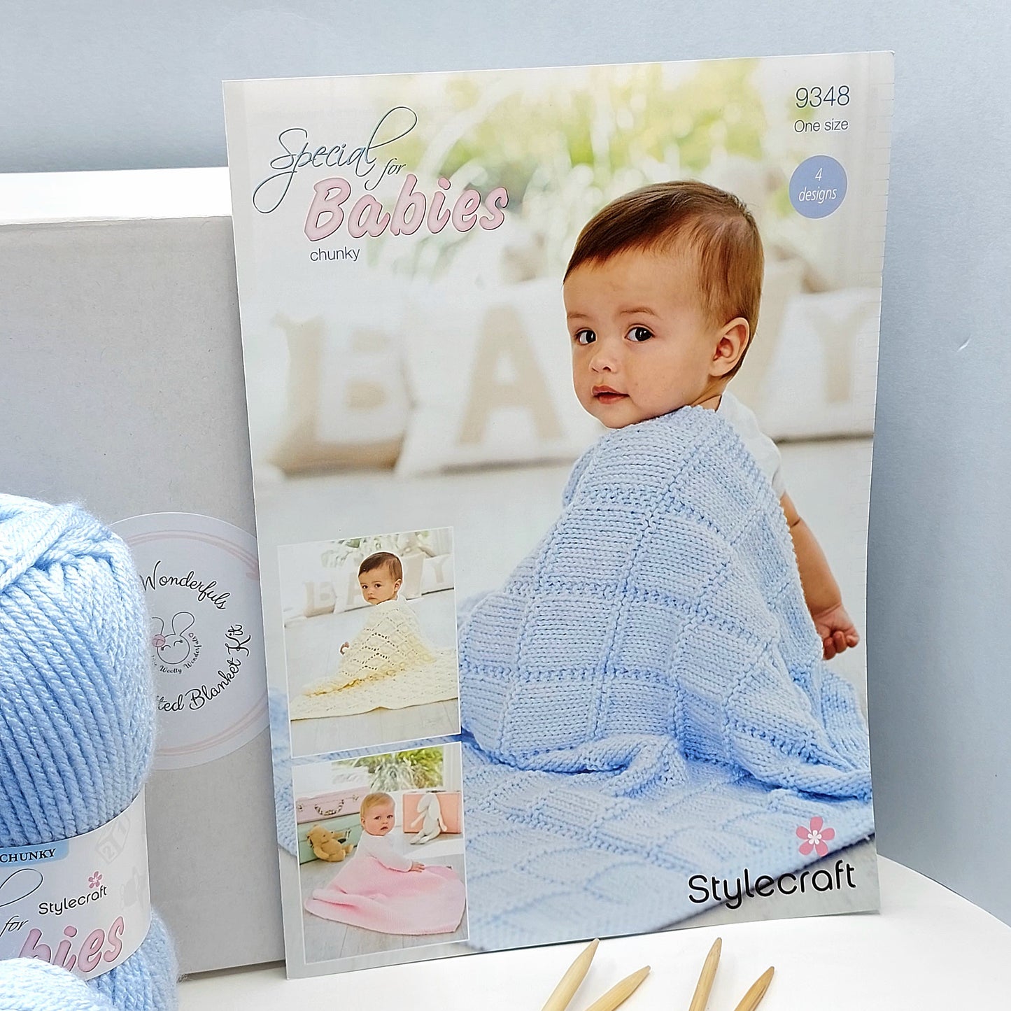 Baby Blanket Knitting Kit - 4 Pattern Designs | Blue, Pink, White or Cream