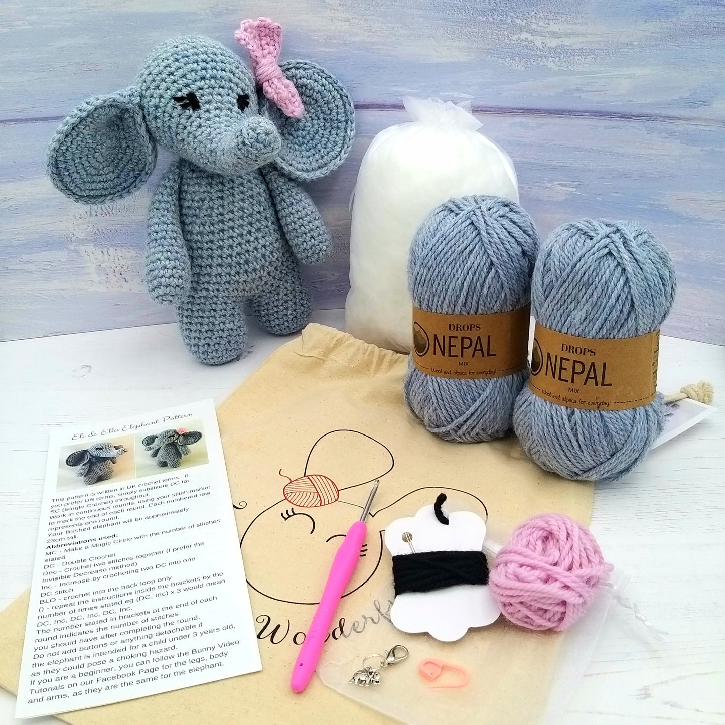 Contents of Elephant Crochet Kit - Pattern, Wool, STuffing, crochet hook and stitch markers