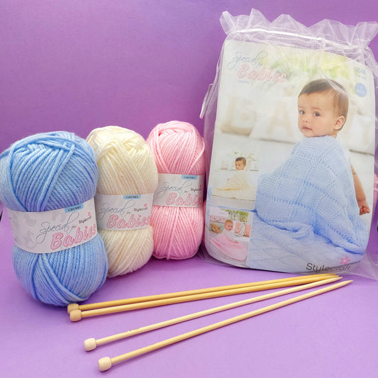 Knitting Kit for Baby Blanket - pack plus 3 colour wool choices. Blue, pink and cream