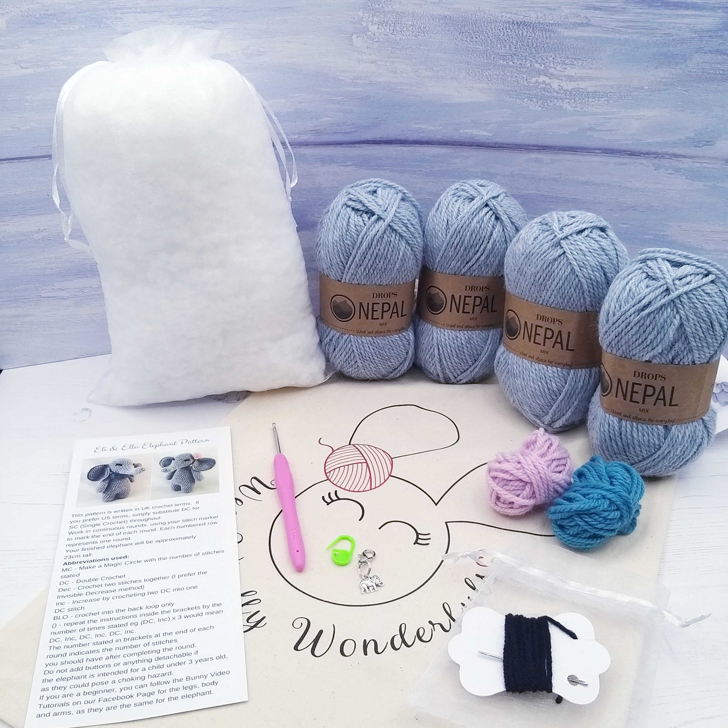Beginners Crochet Kit  - Wool, Pattern, Crochet Hook and toy stuffing