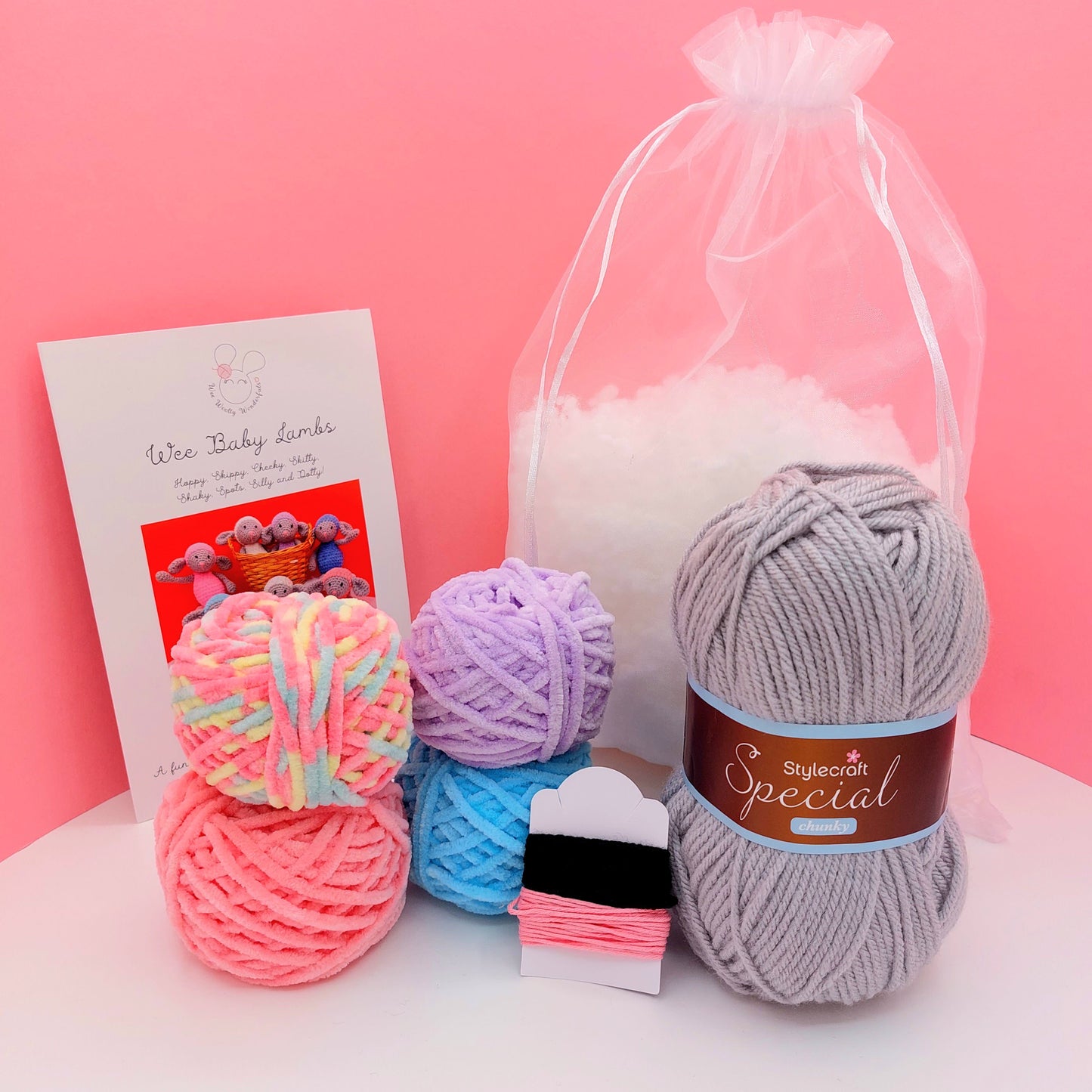 Coloured yarn and crochet pattern booklet