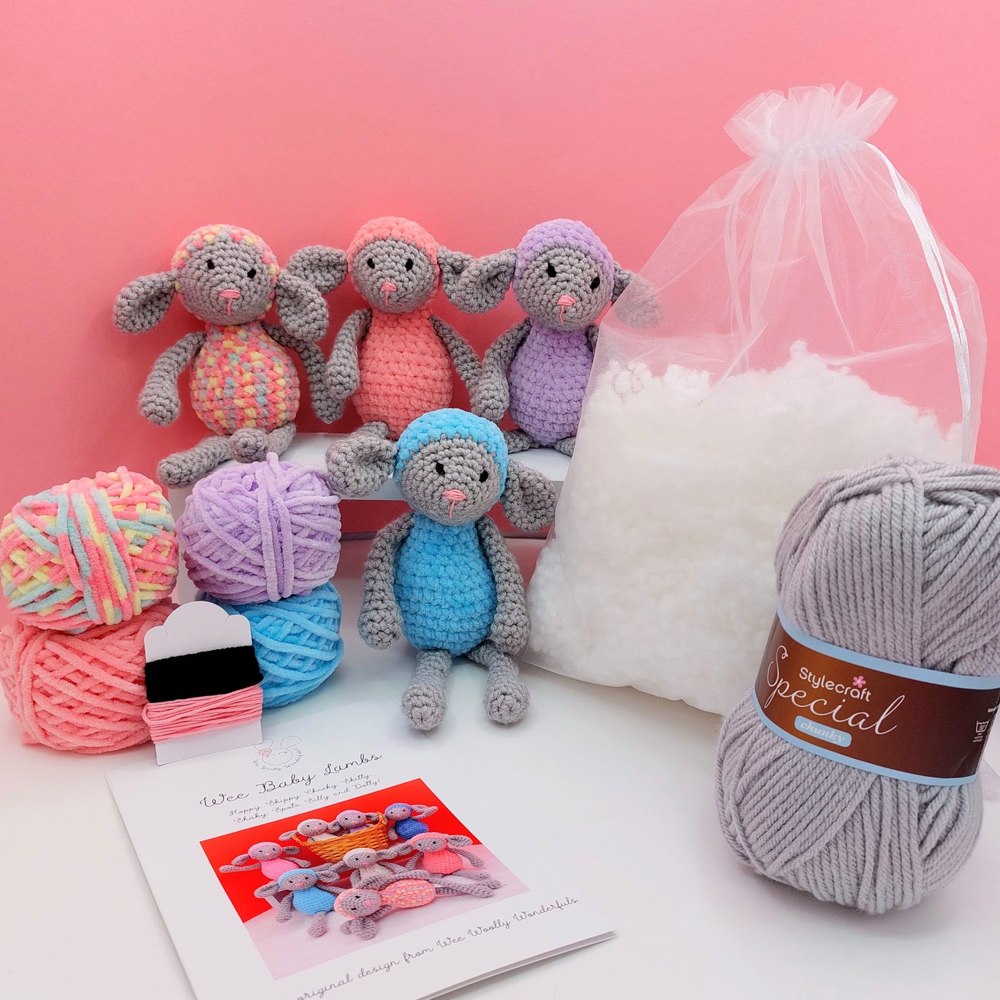 Contents of crochet kit including wool and stuffing