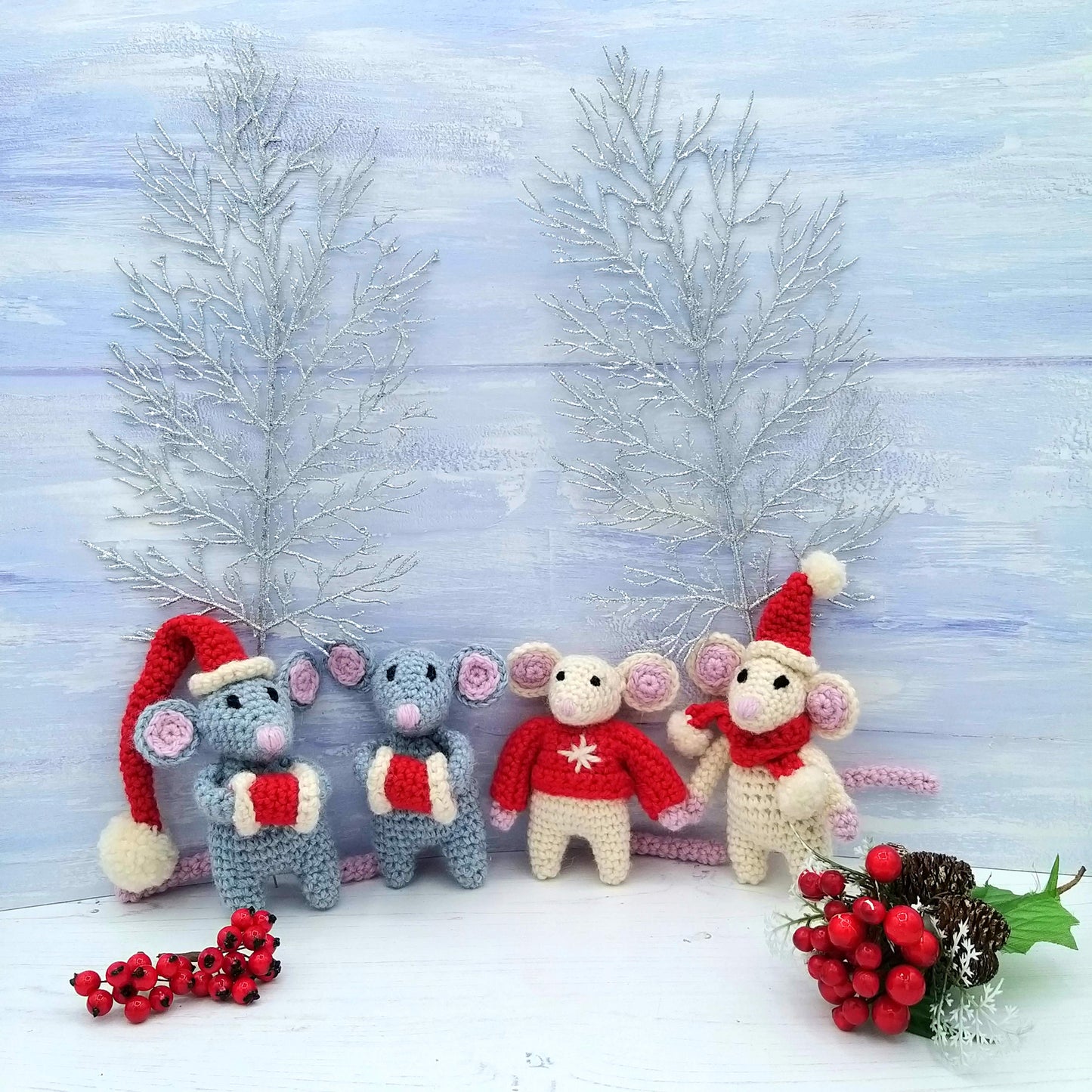 Baby Christmas Mice in Festive Outfits Mini Crochet Kit