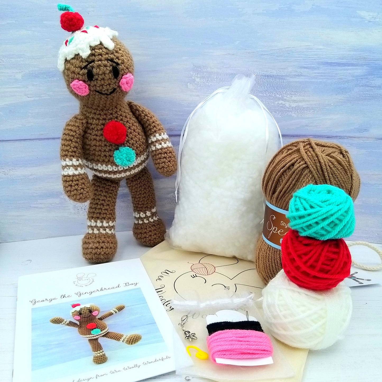 Crochet Kit contents - pattern, wool, stuffing and project bag
