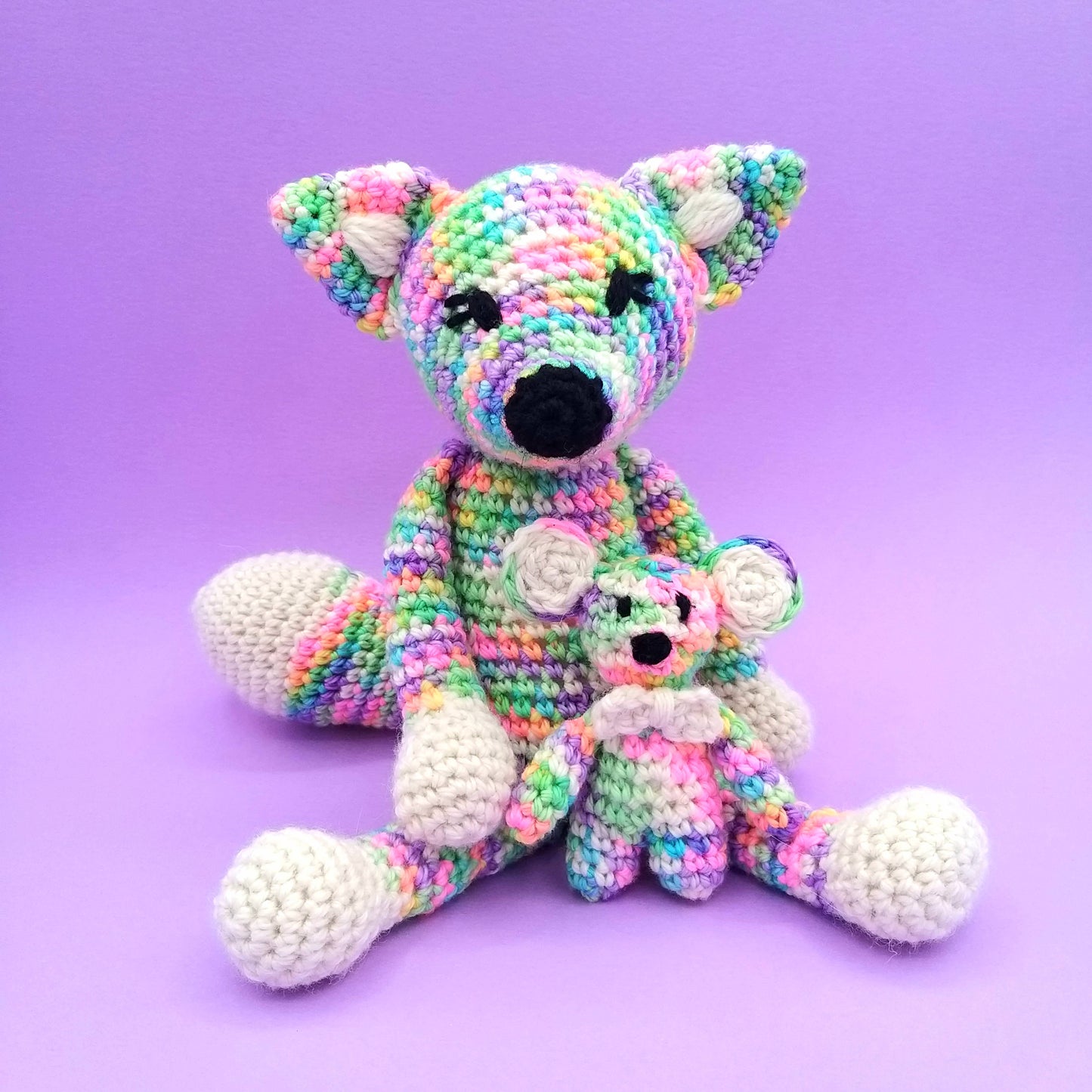 Fox and Mouse Crochet Toys made from hand dyed wool