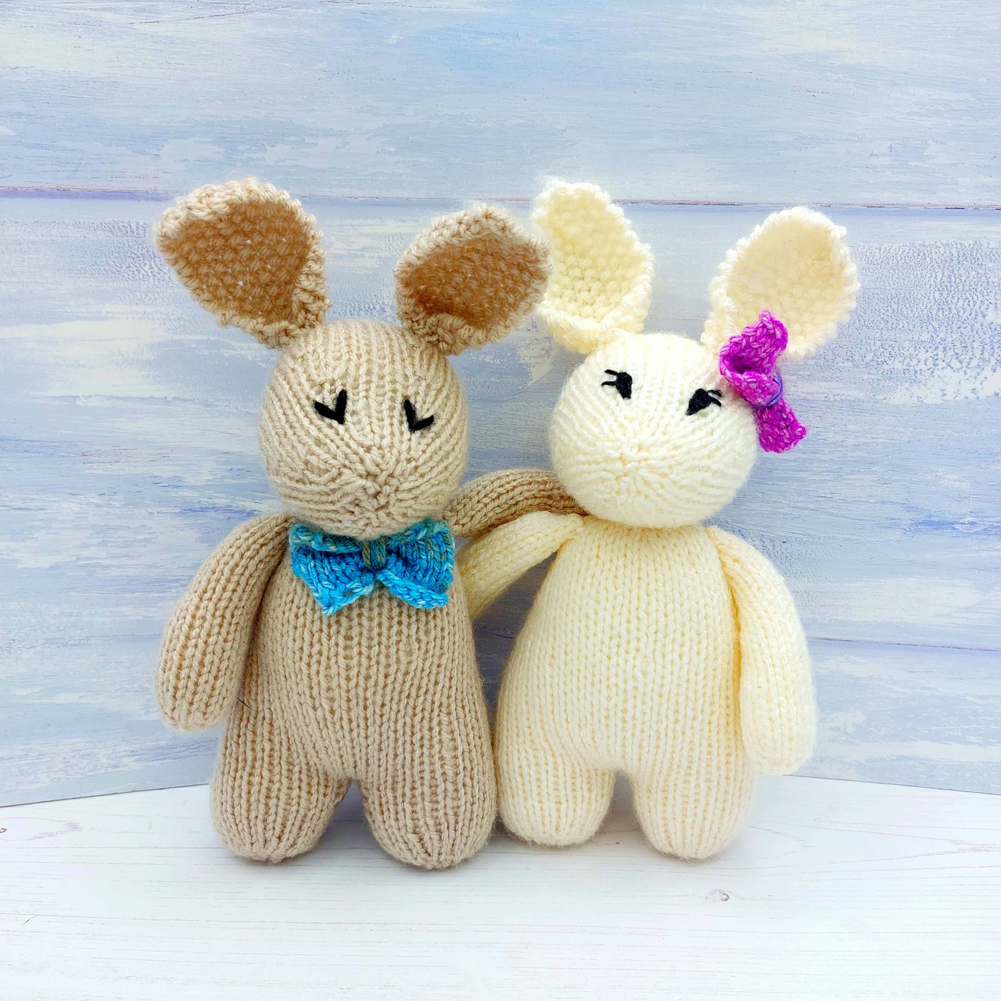 Toy Knitted Bunny Rabbits made from Knitting Kit