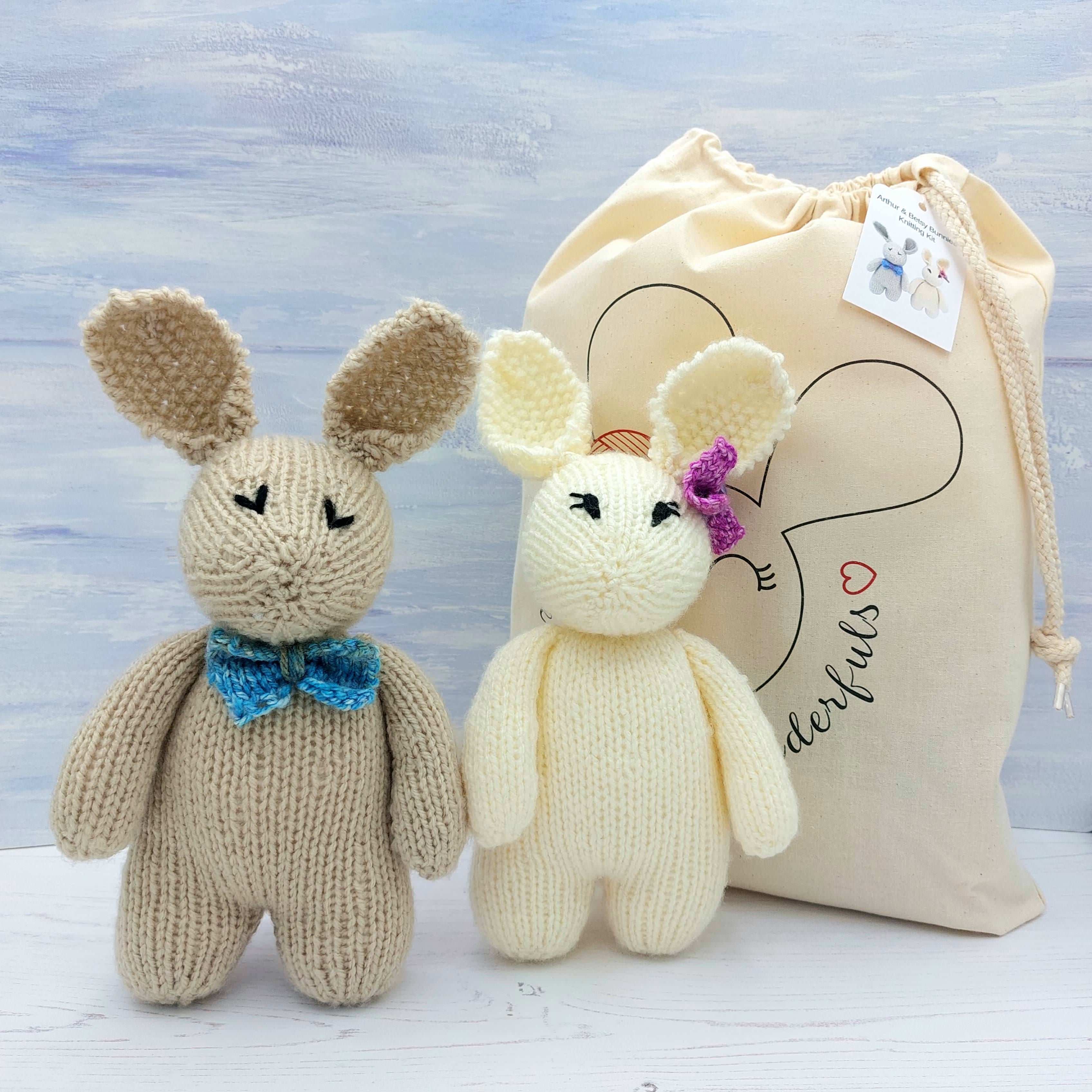 Beginners Knitting Kit with Patterns for Two Toy Rabbits – Wee