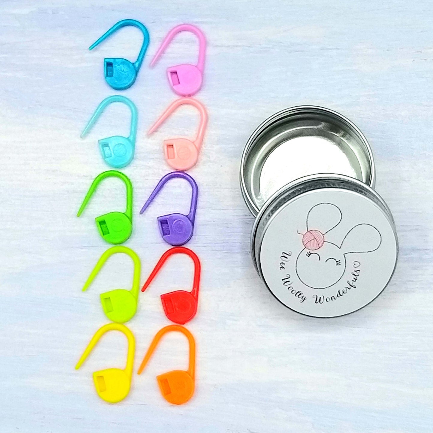 Tin of 10 rainbow coloured Stitch Markers