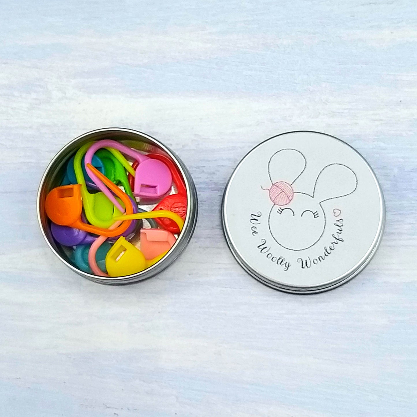 Tin of 10 rainbow coloured Stitch Markers