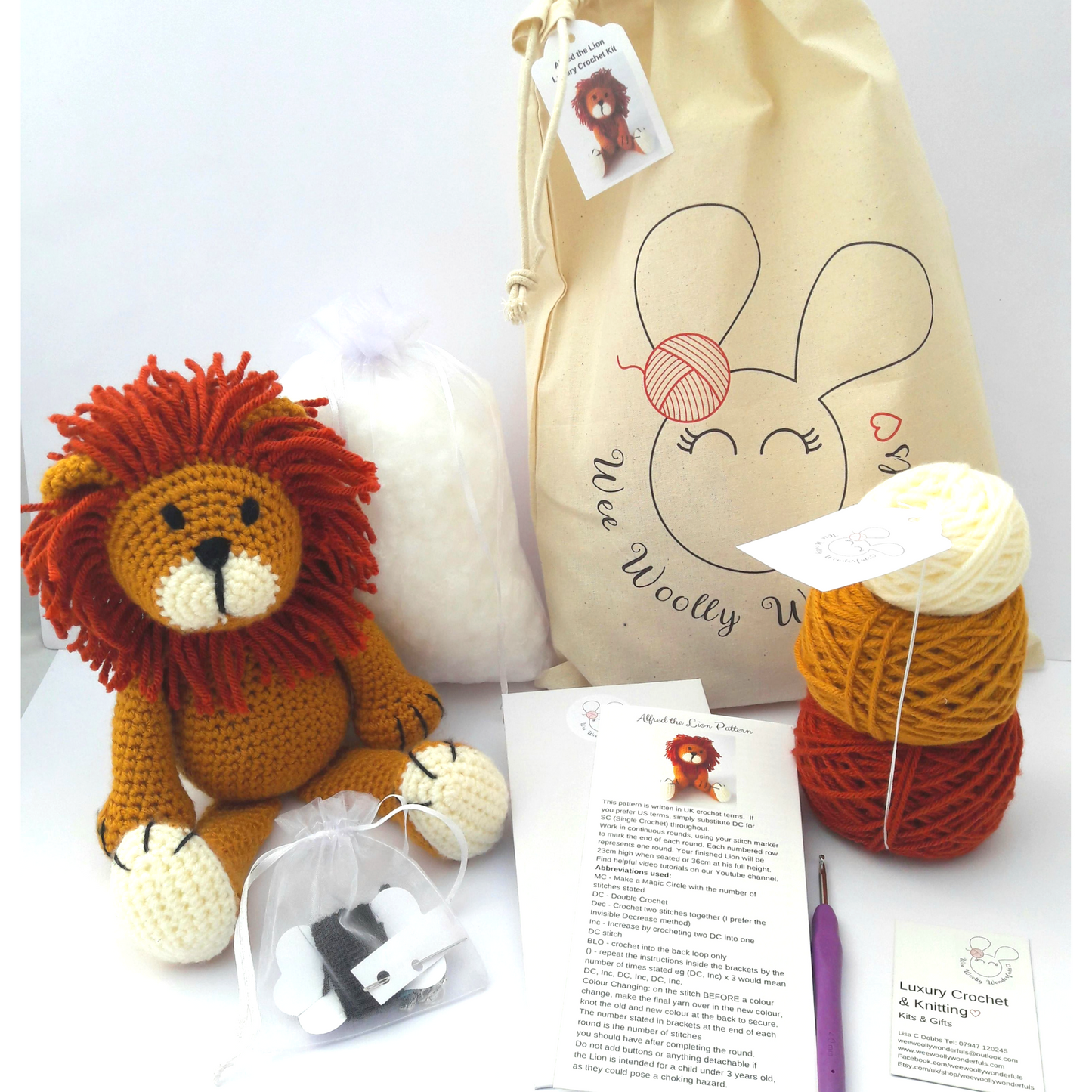 Bundle of Three Crochet Kits - Betsy Bunny, Aimee the Giraffe and Alfred the Lion