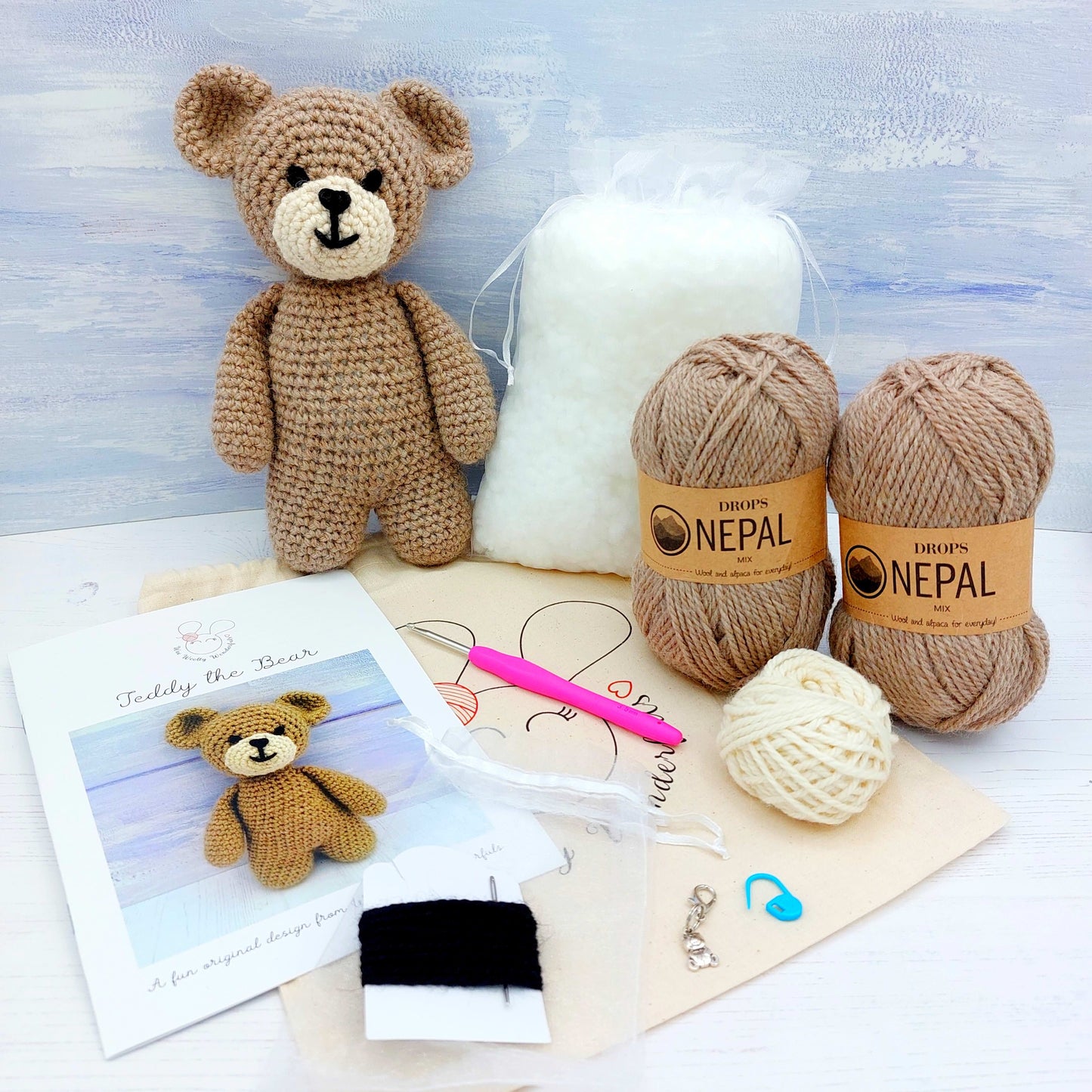 Teddy Bear Crochet Kit Contents - Wool, Patterns, hook, stuffing and yarn
