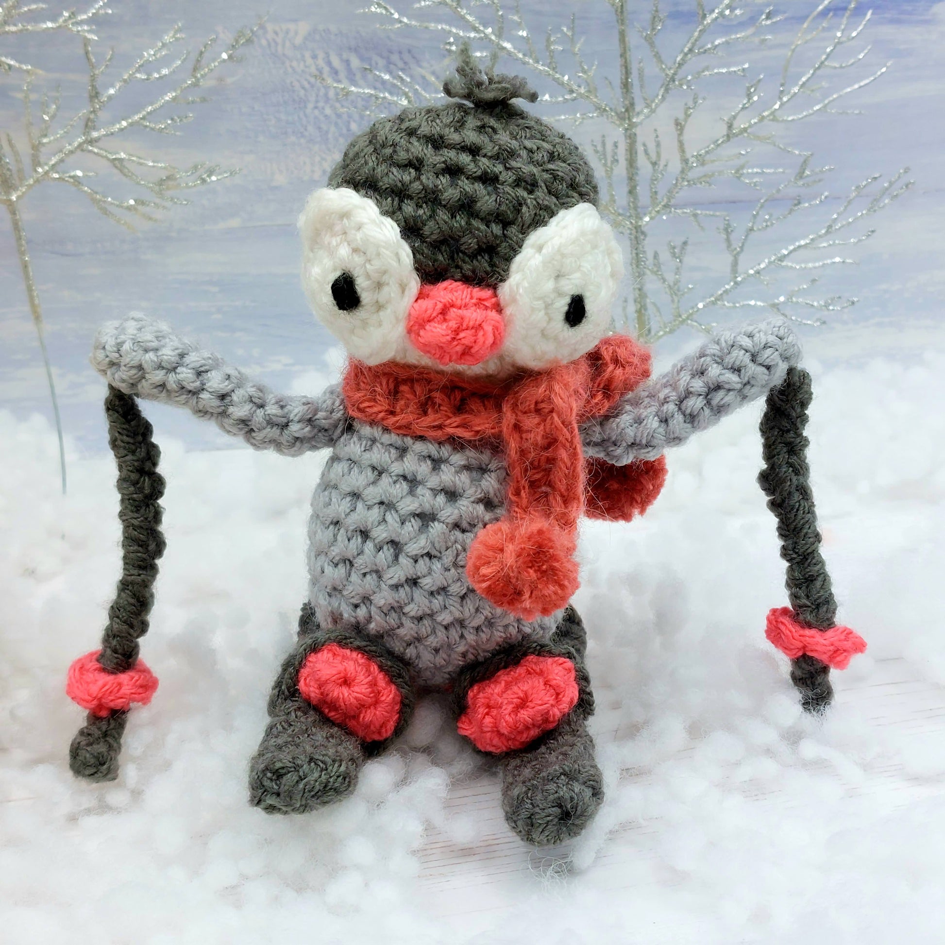 Pippin Penguin with crochet skis and scarf