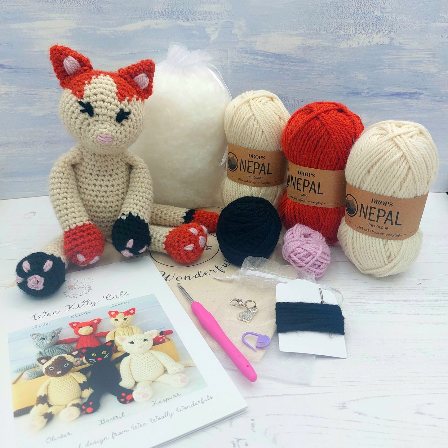 Cat Crochet Kit Contents - Wool, Pattern, Stuffing and Hook