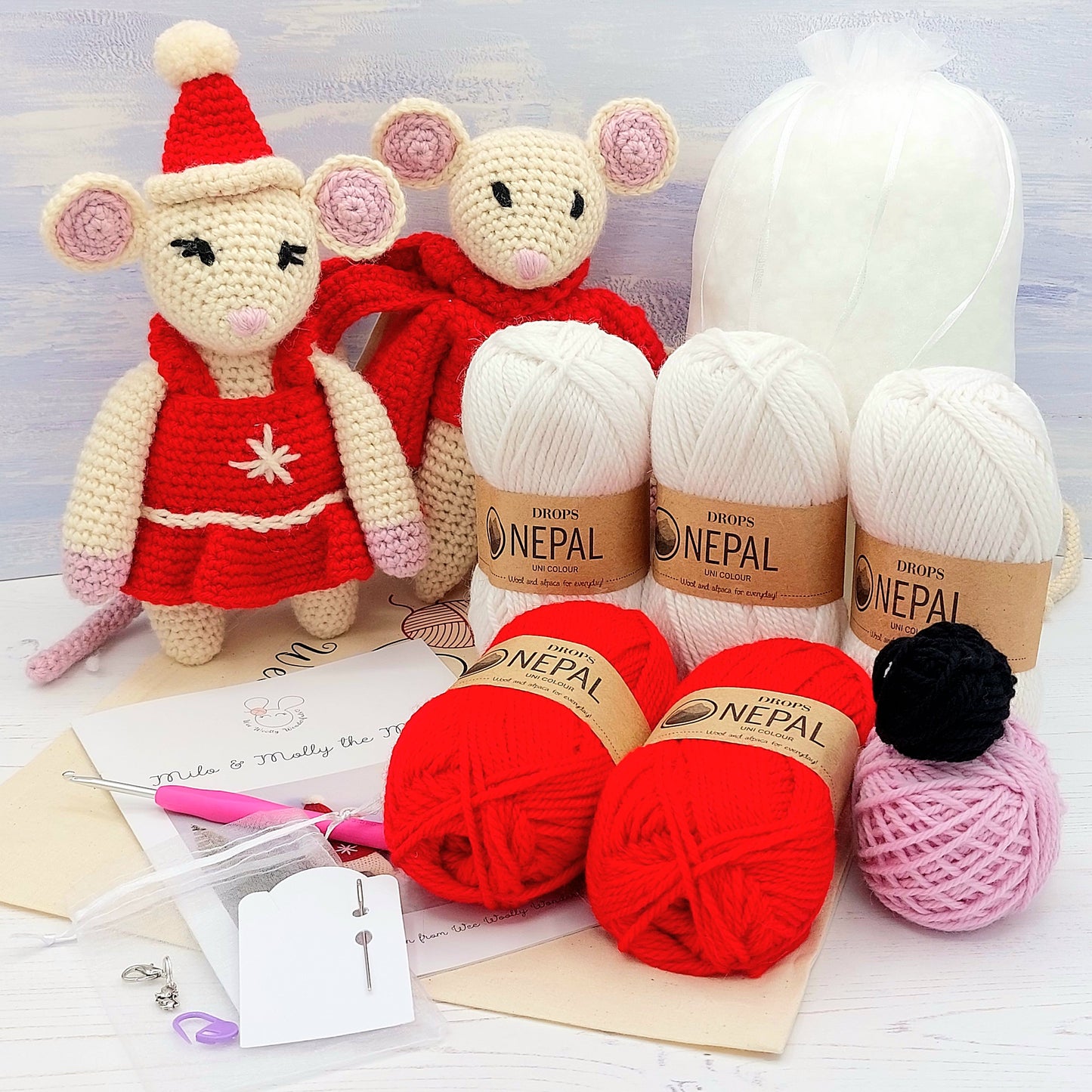 Christmas Mice Crochet Kit Contents - White and Red Wool, Pattern, crochet hook and filling