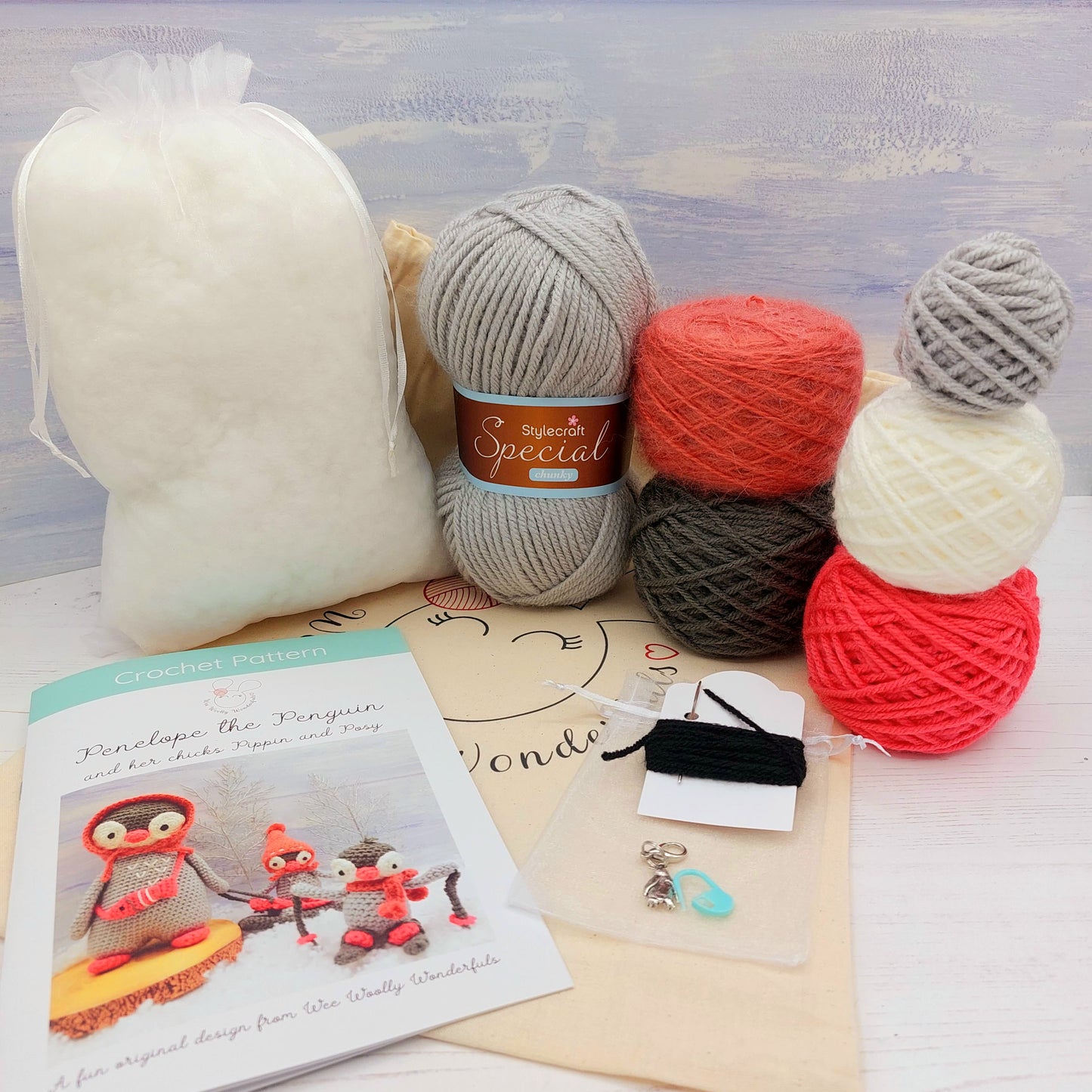 Full contents of Penguin Crochet Kit