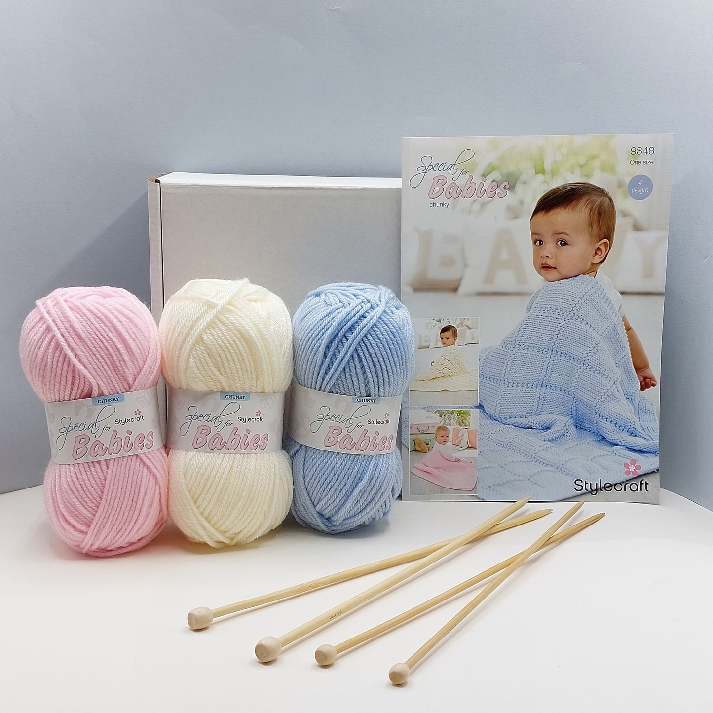 Baby Blanket Knitting Kit - 4 Pattern Designs | Blue, Pink or Cream