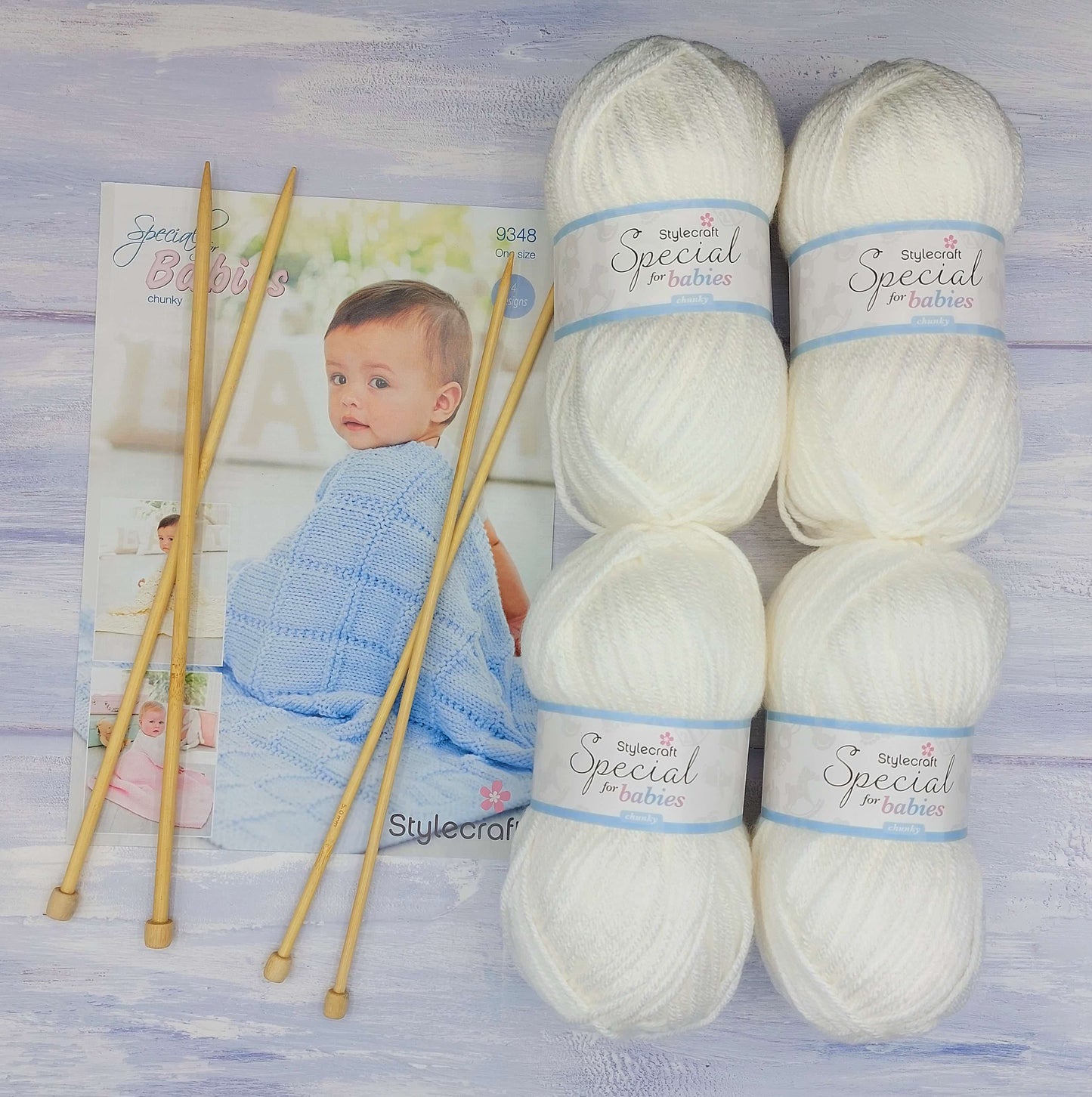 Baby Blanket Knitting Kit - 4 Pattern Designs | Blue, Pink, White or Cream