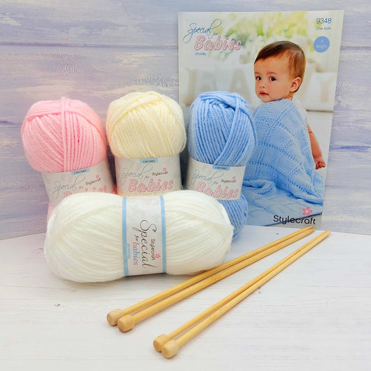Baby Blanket Knitting Kit - 4 Pattern Designs | Blue, Pink, White or Cream