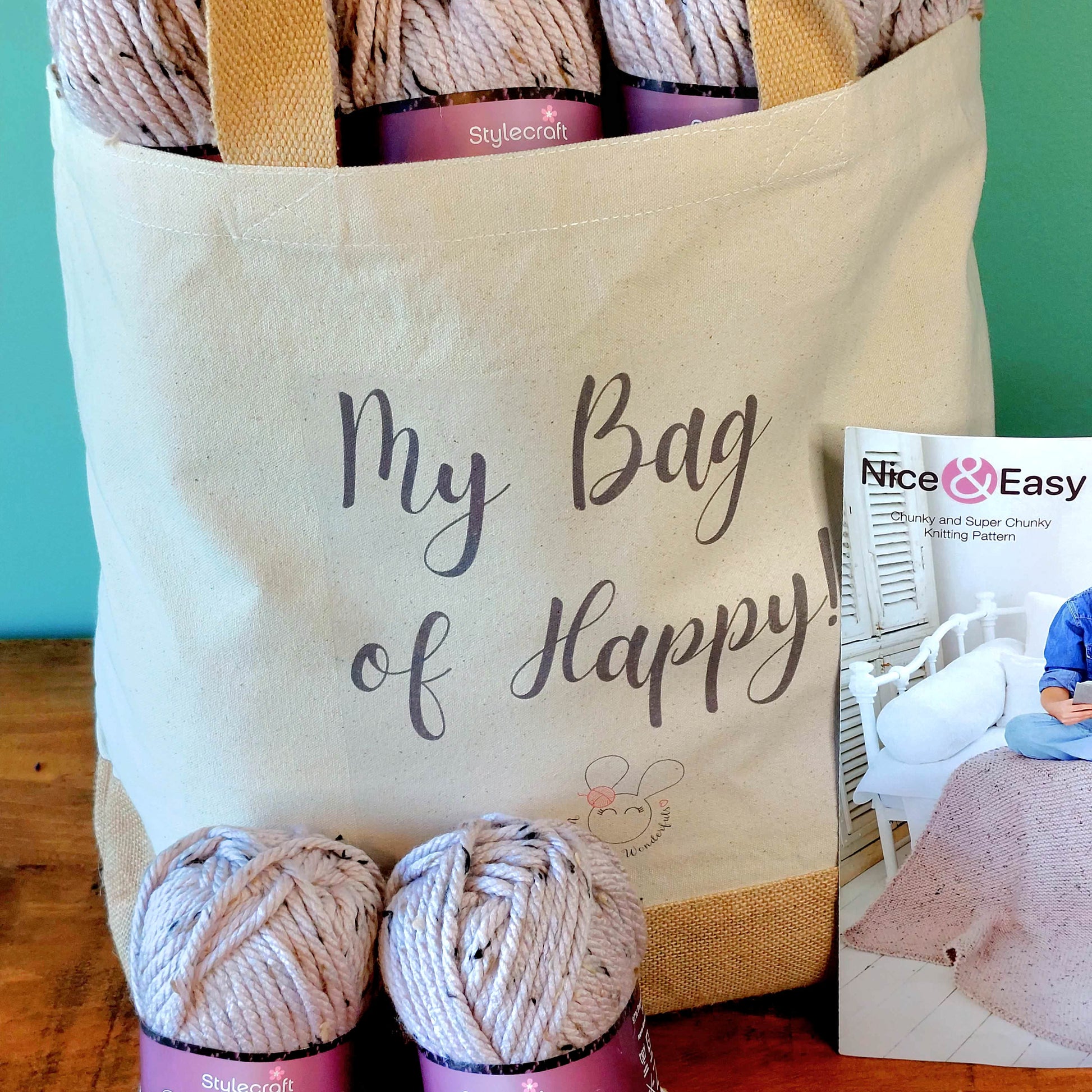 My Bag of Happy Tote Bag filled with tweed yarn