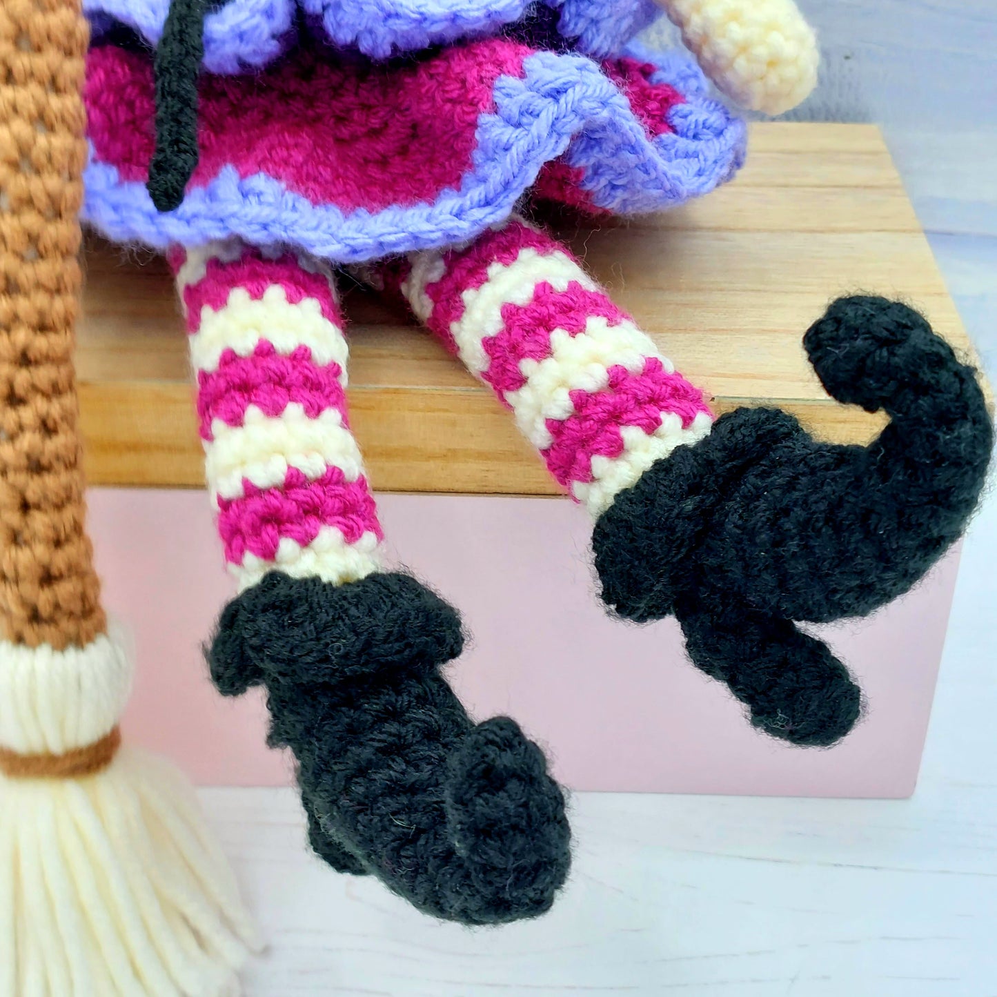 Close up of crochet Witch's boots