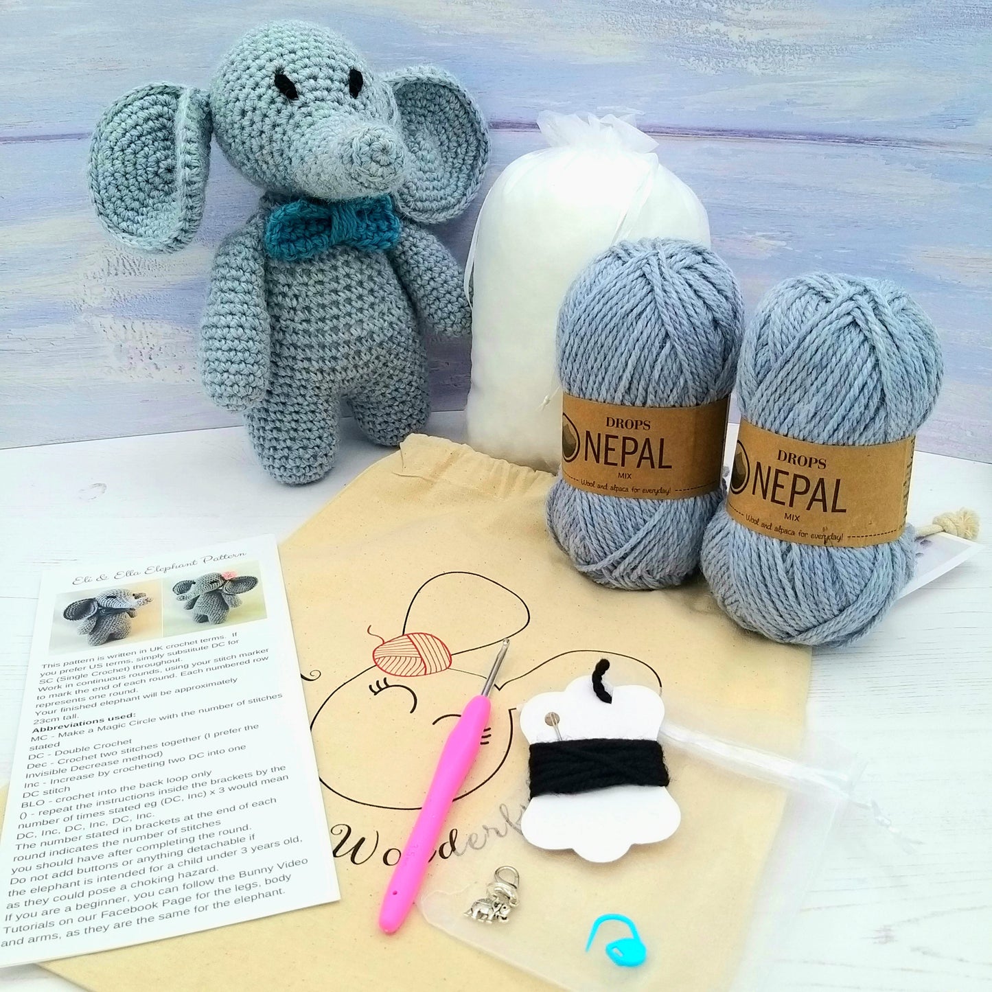 Eli the Elephant Wool & Alpaca Crochet Kit for Complete Beginner