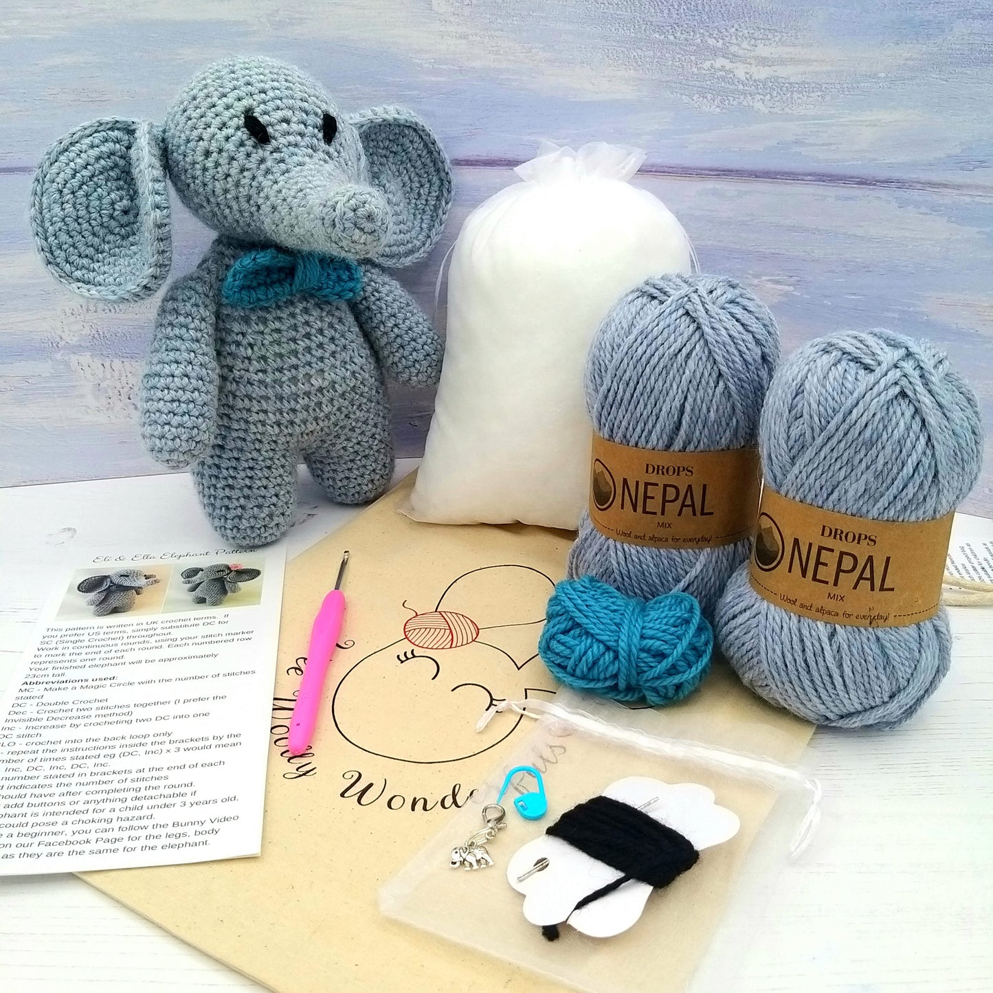 Eli the Elephant Wool & Alpaca Crochet Kit for Complete Beginner