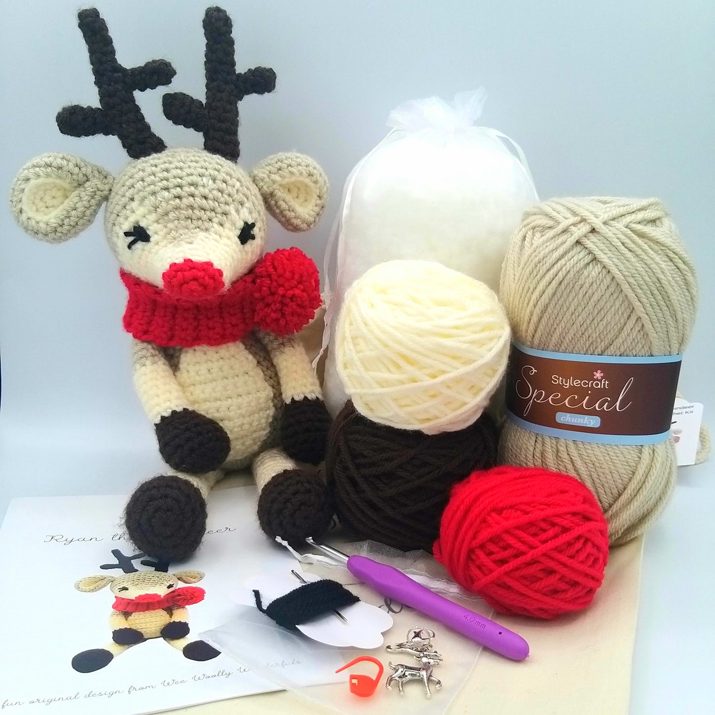 Crochet Reindeer Kit - contents including yarn,  pattern and hook
