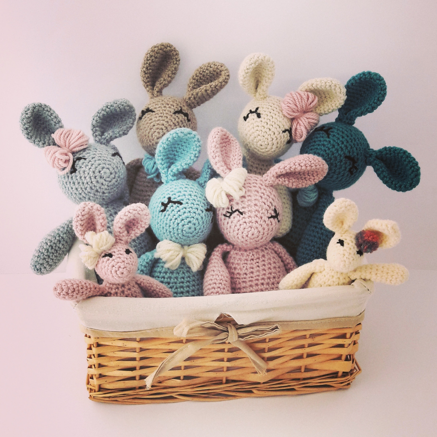 Basket full of crochet bunny rabbits