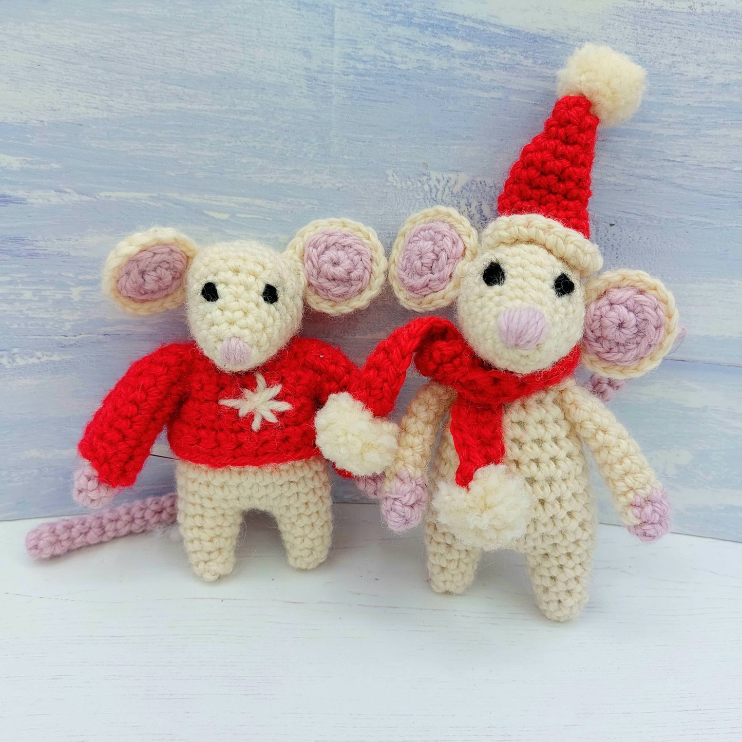 Two White Crochet Christmas Mice