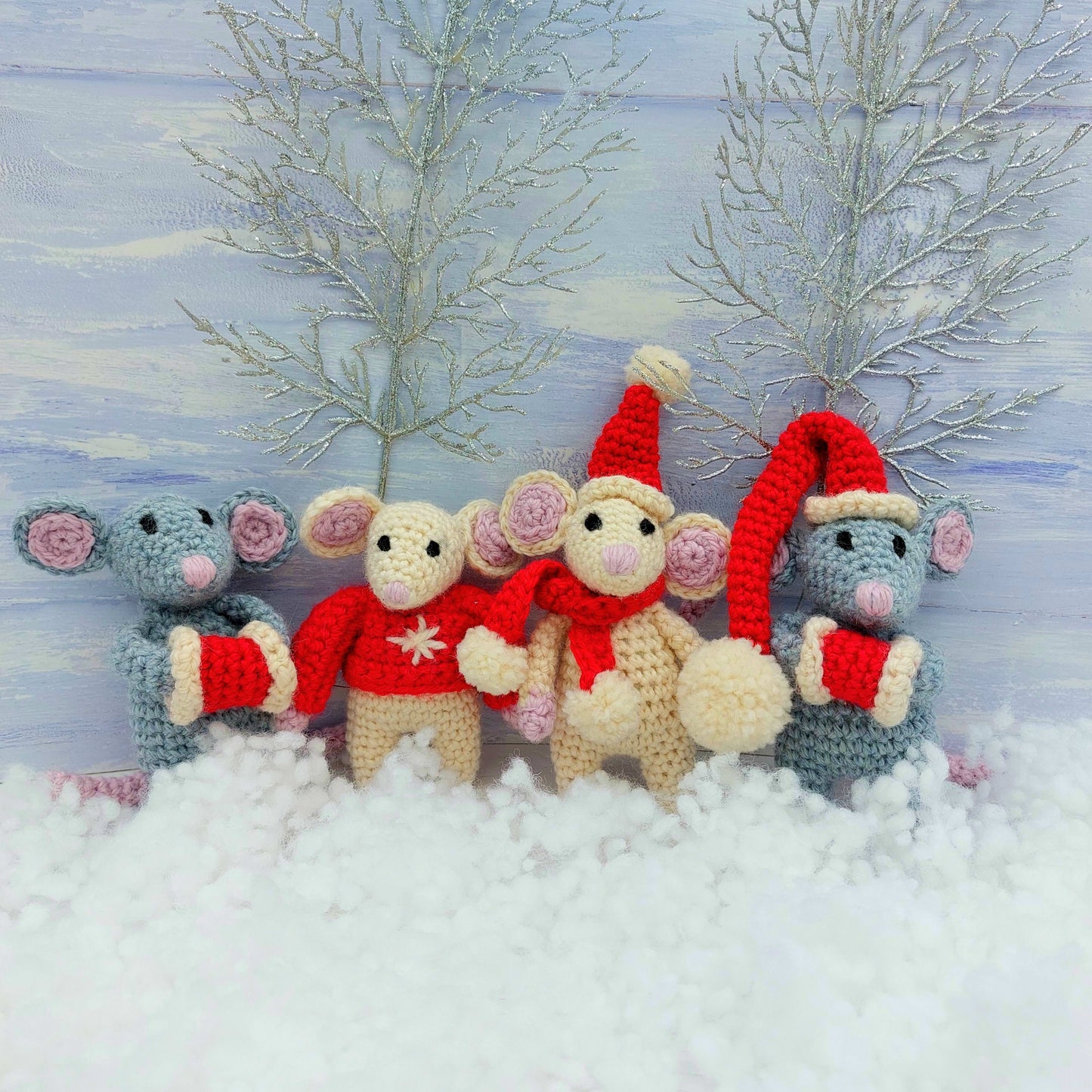 Crochet Mice playing with snowballs