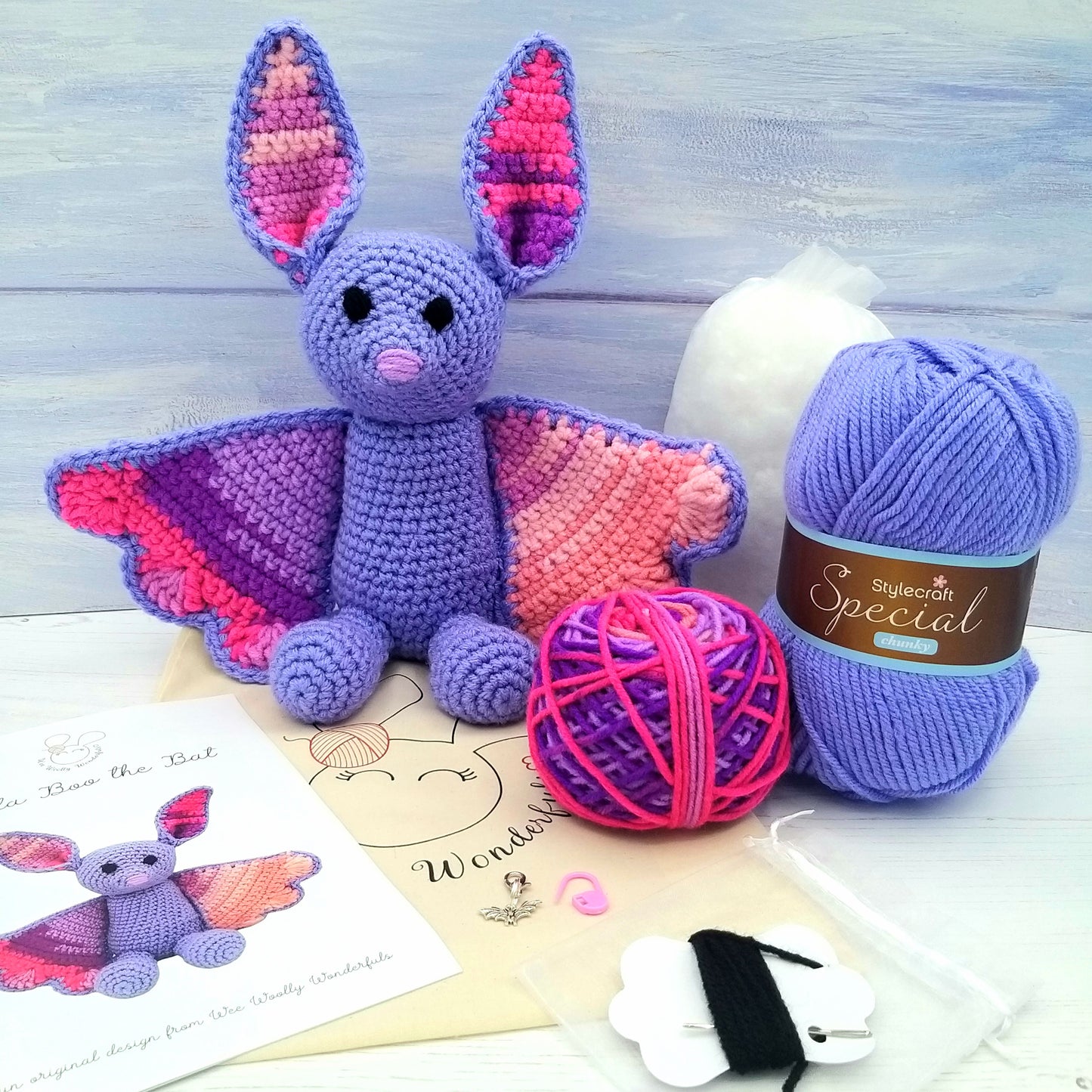 Crochet Bat with pattern and yarn