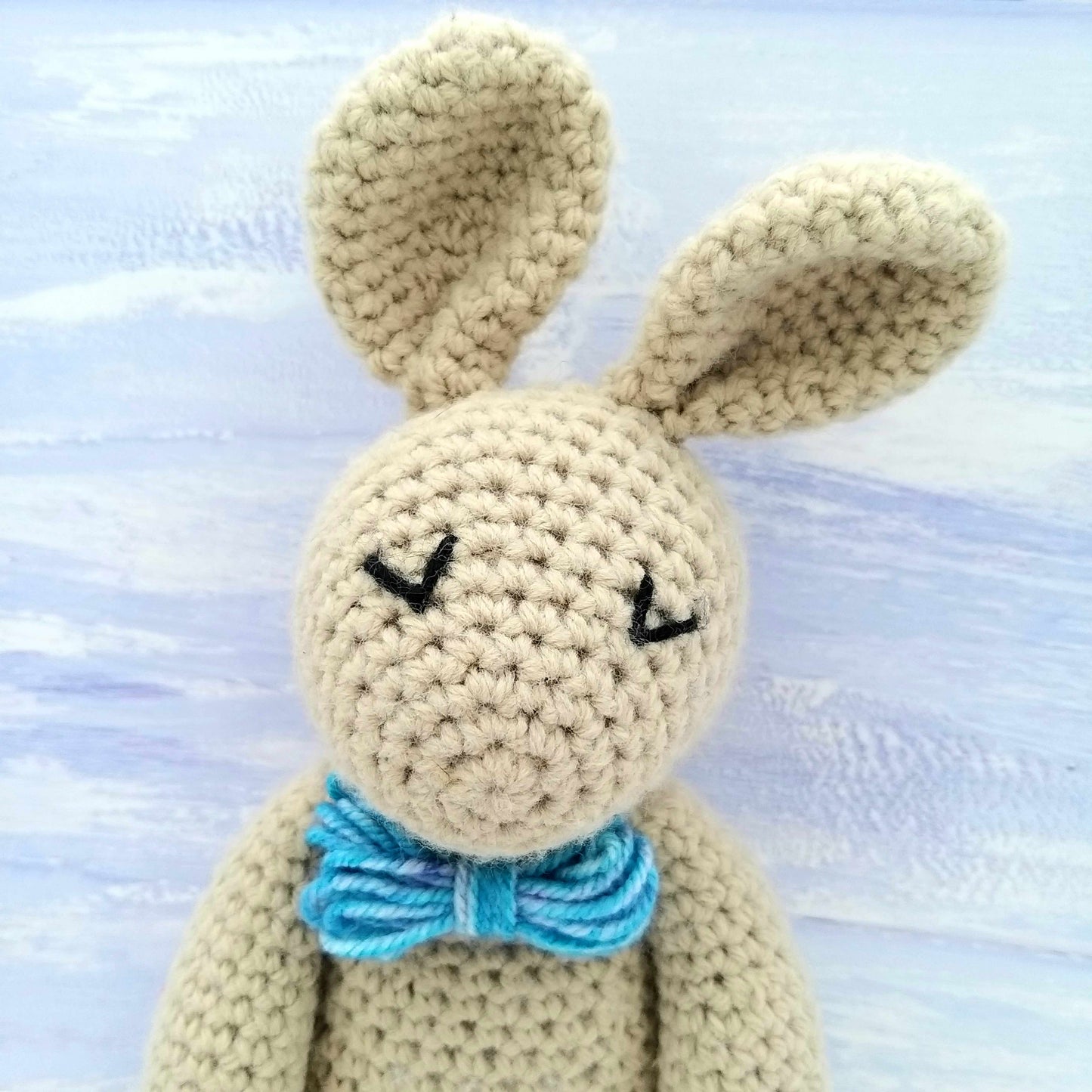 Close up of crochet stitch finish on Arthur Bunnies bow tie