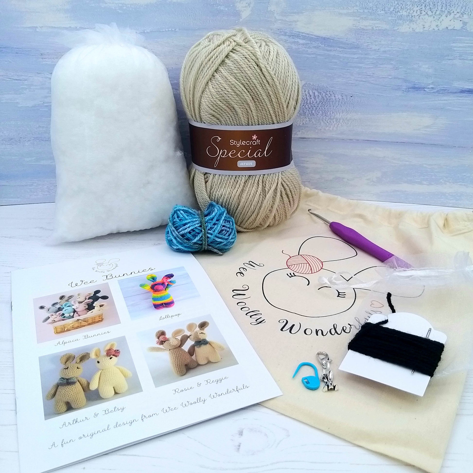 Crochet Kit Contents - Wool, pattern, stuffing, stitch marker and thread
