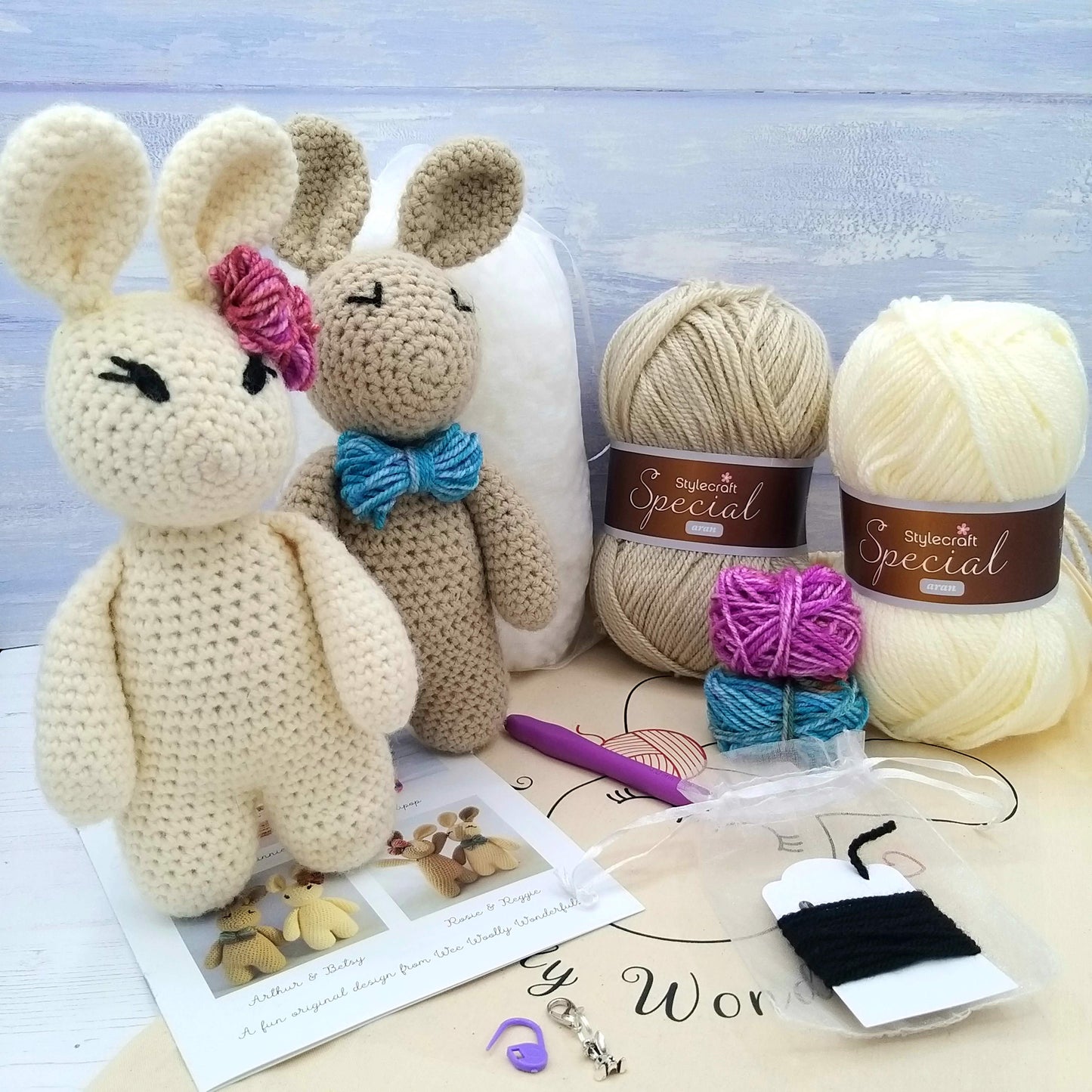 Full Contents of Crochet Kit for Beginners - Arthur & Betsy Bunnies