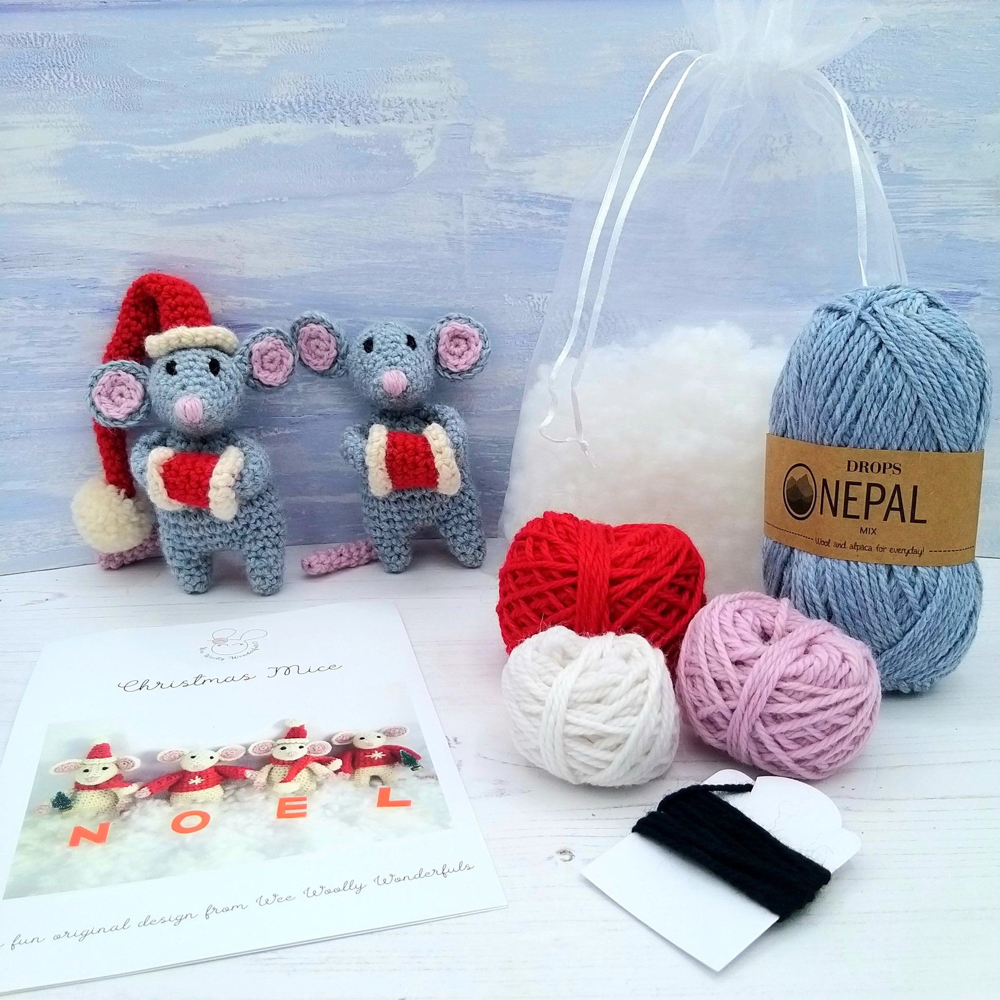 Kit contents - wool, pattern, stuffing and cotton