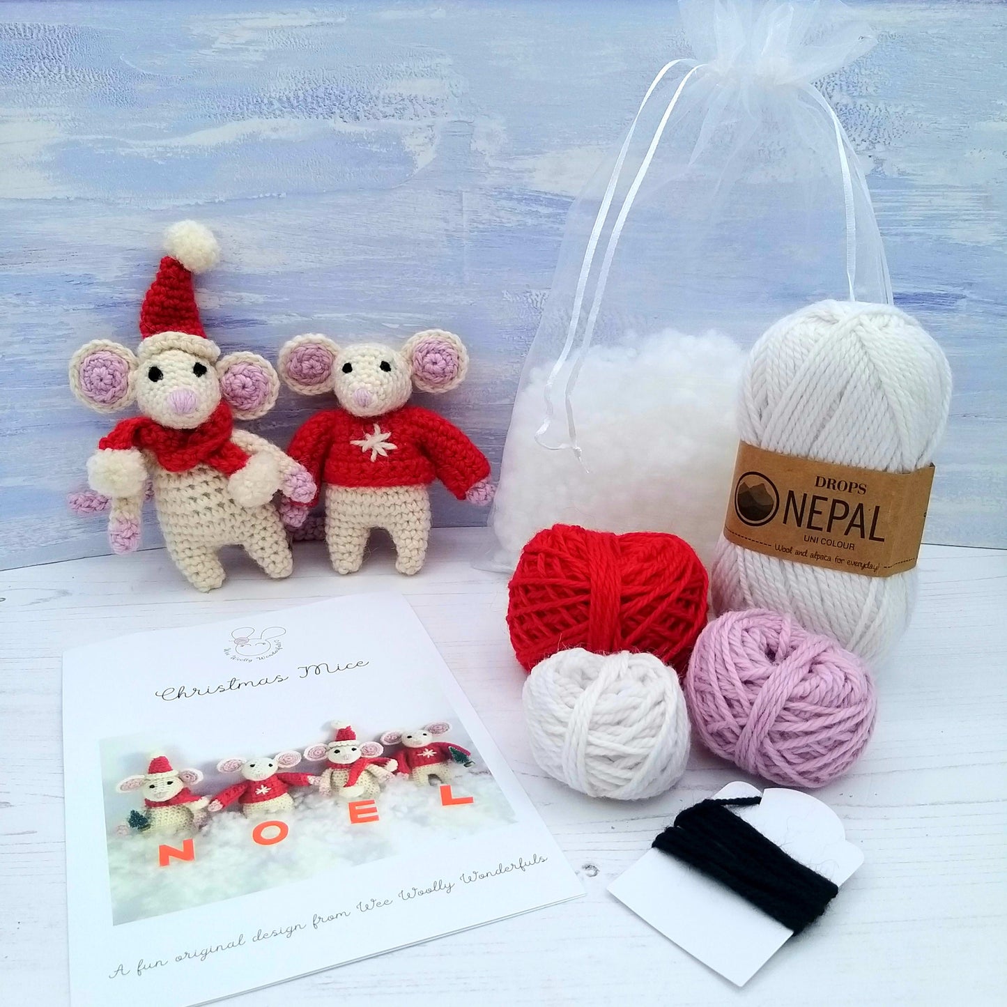 Crochet KIt Contents for White Mice - wool colours white, red and pink