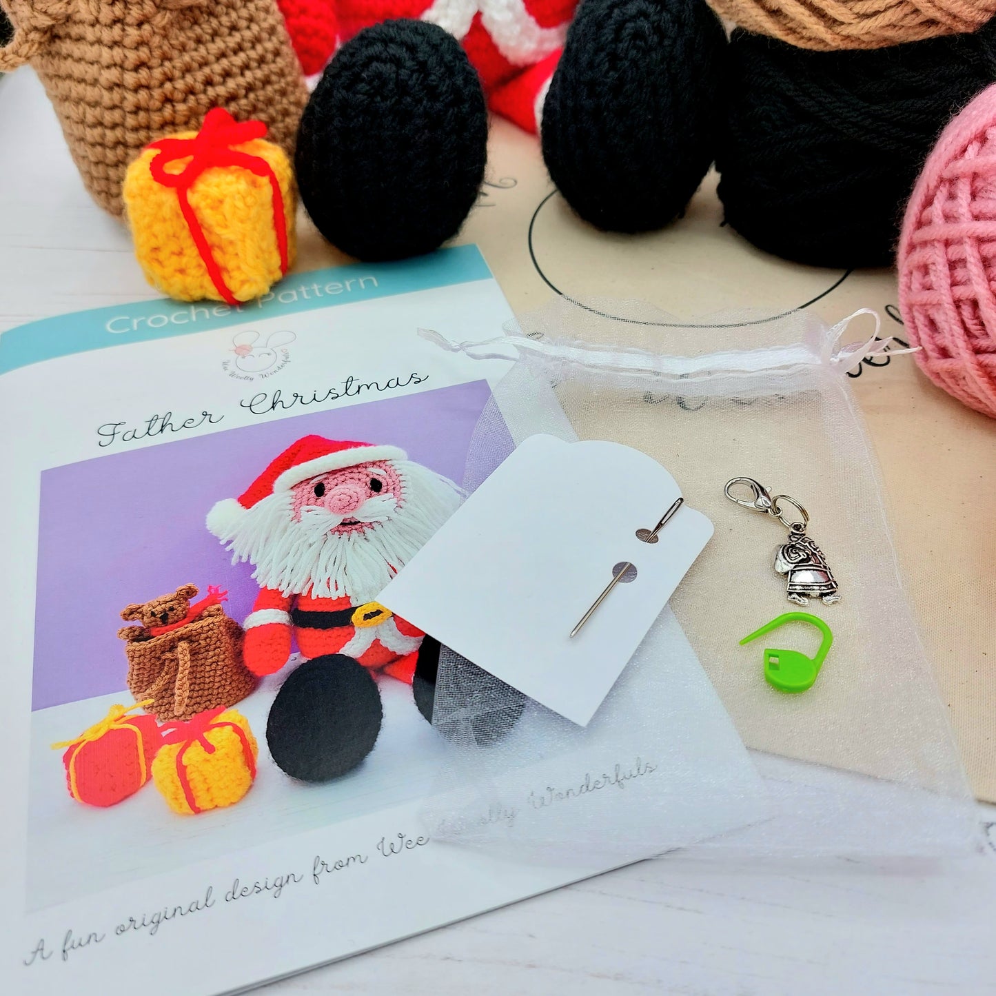 Father Christmas crochet pattern and festive stitch marker