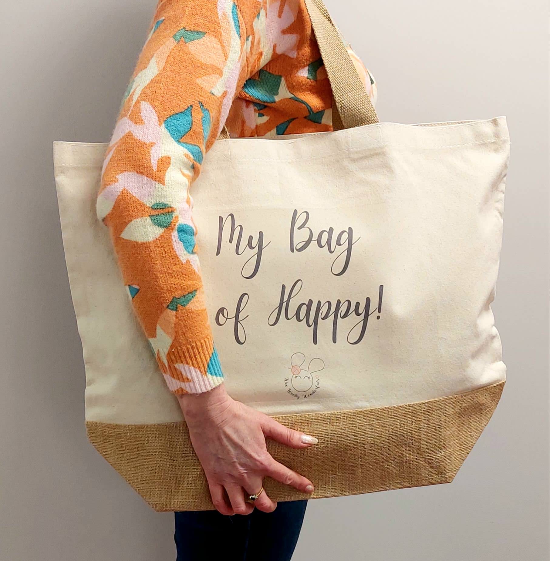 Woman holding large 'My Bag of Happy' Tote Bag