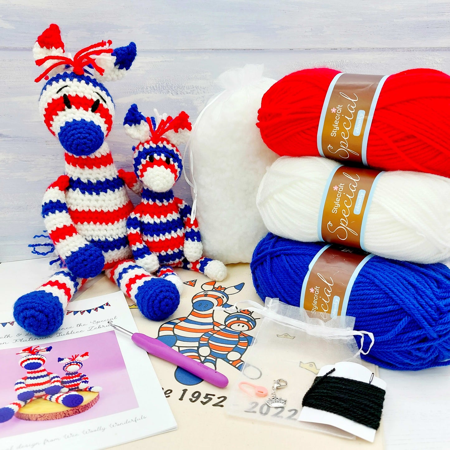 ON SALE SPECIAL!  Red, white and Blue Zebras Crochet Kit