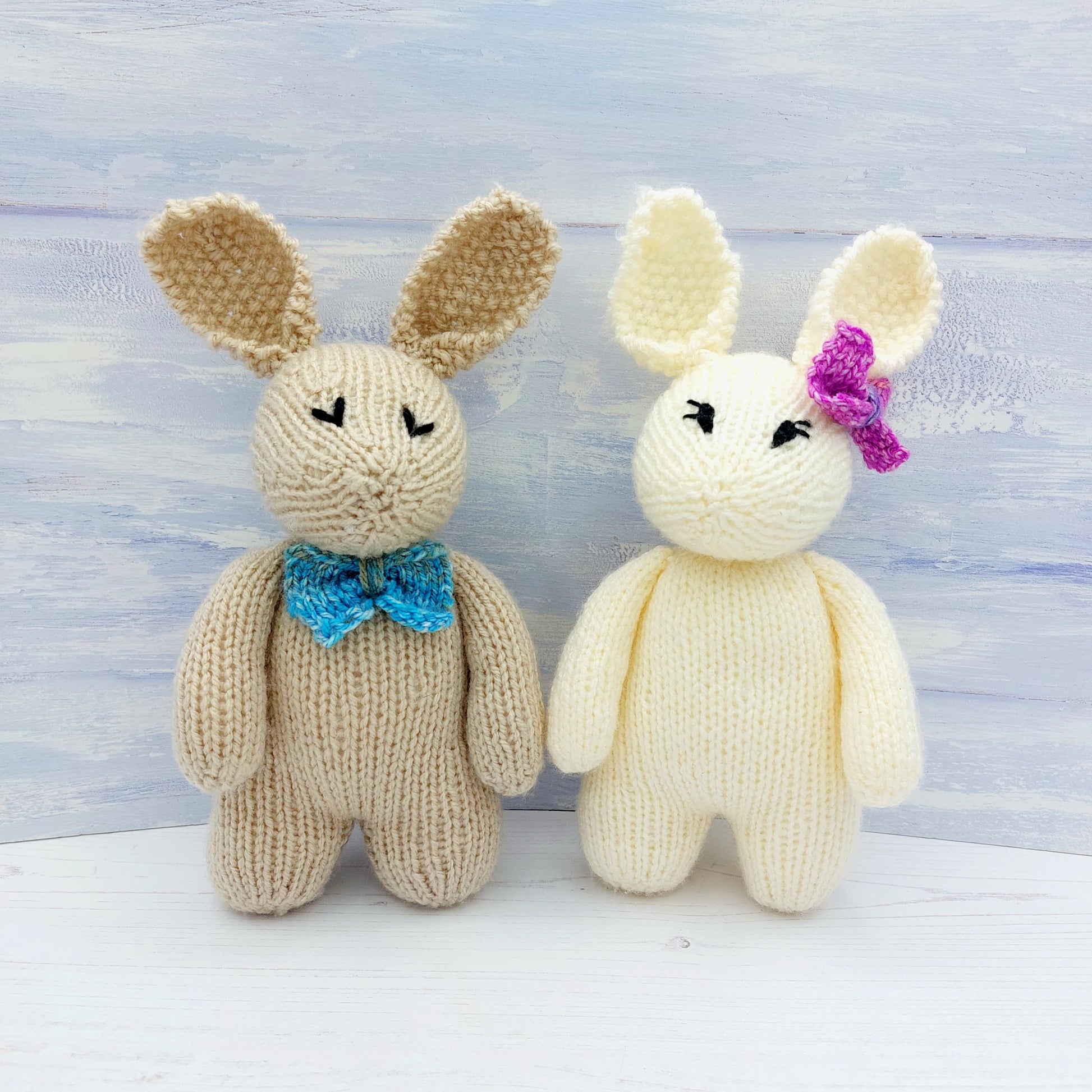 Knitted Rabbits made from knitting kit