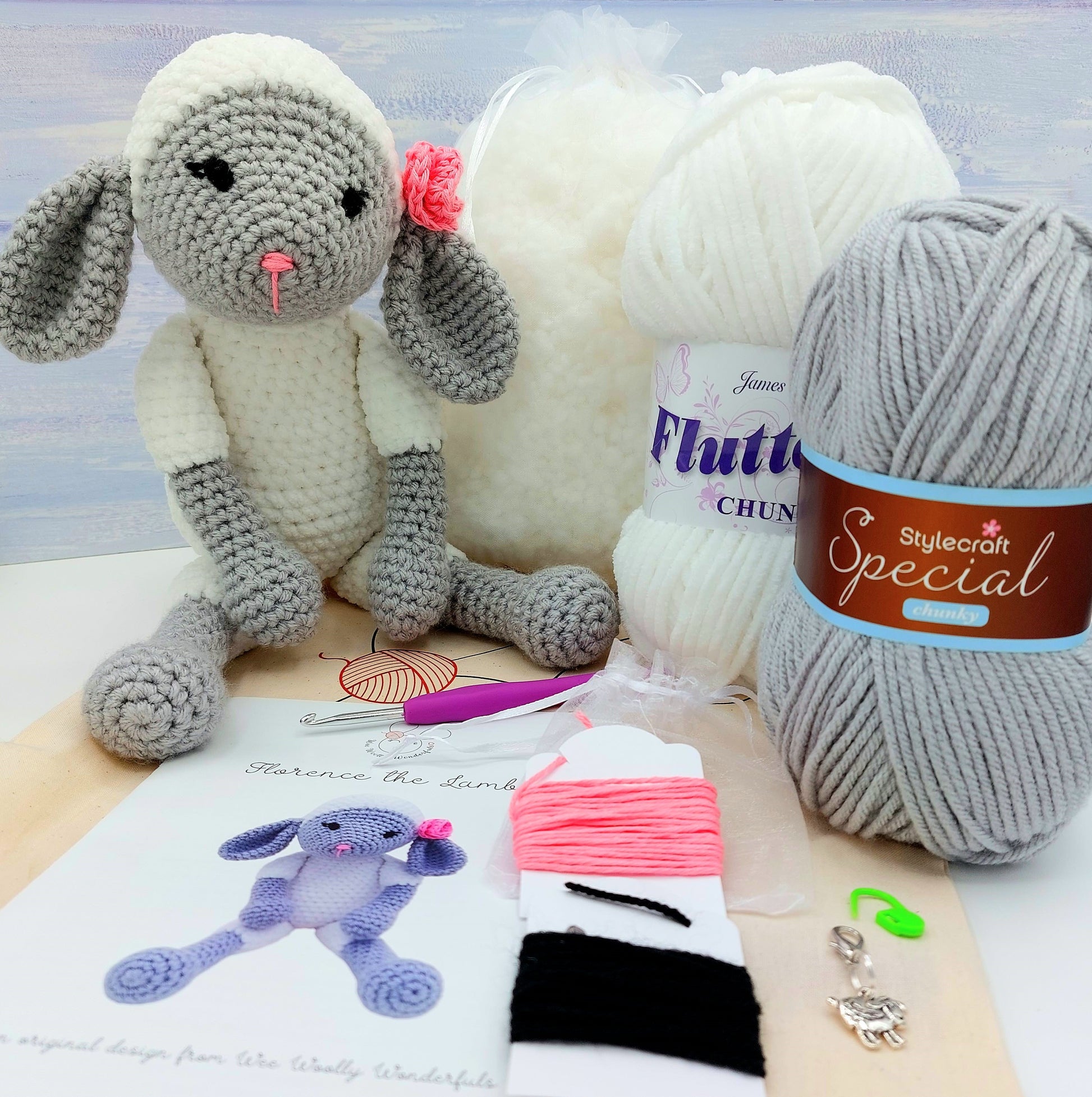 Lamb crochet kit contents including pattern and yarn