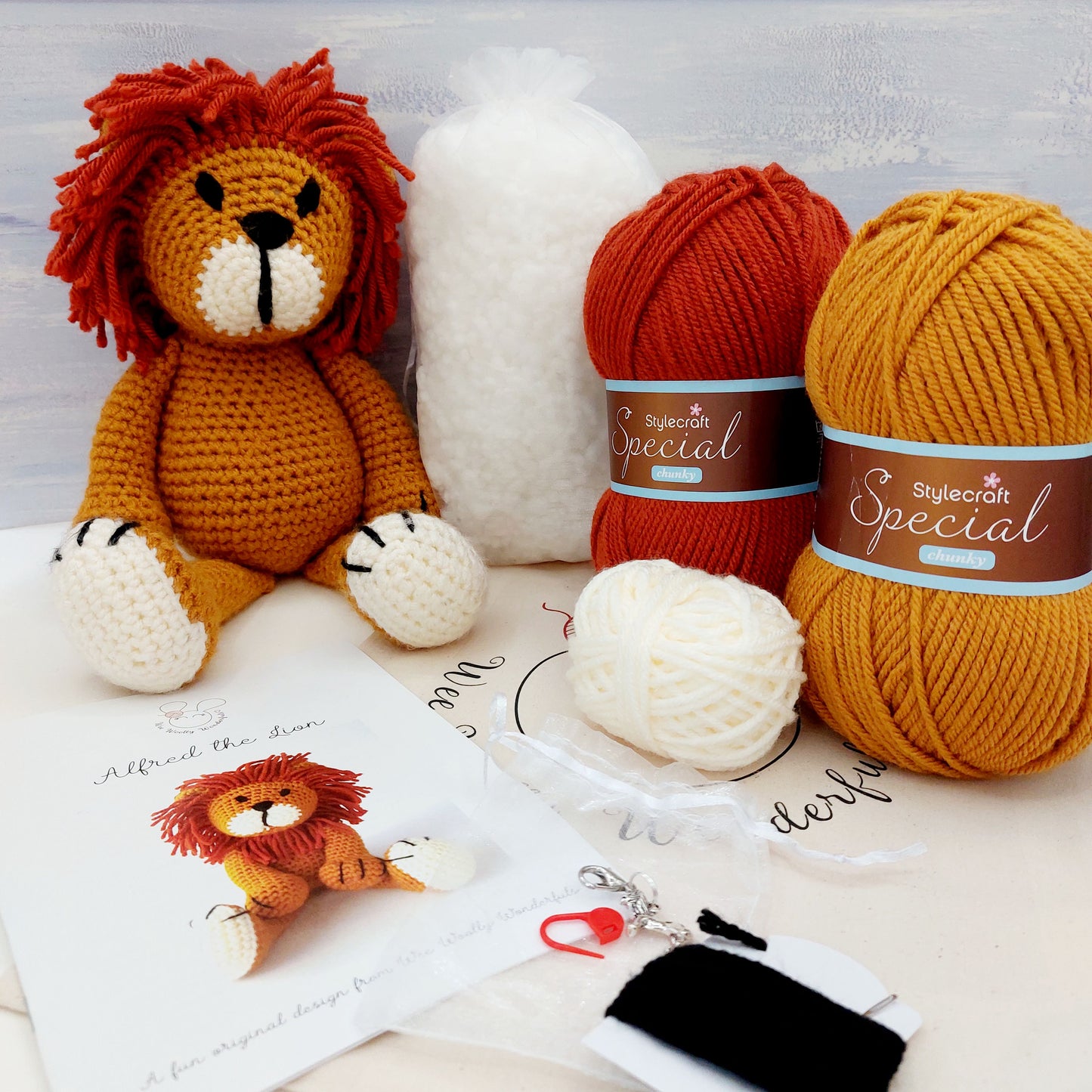Lion Crochet Kit with balls of yarn