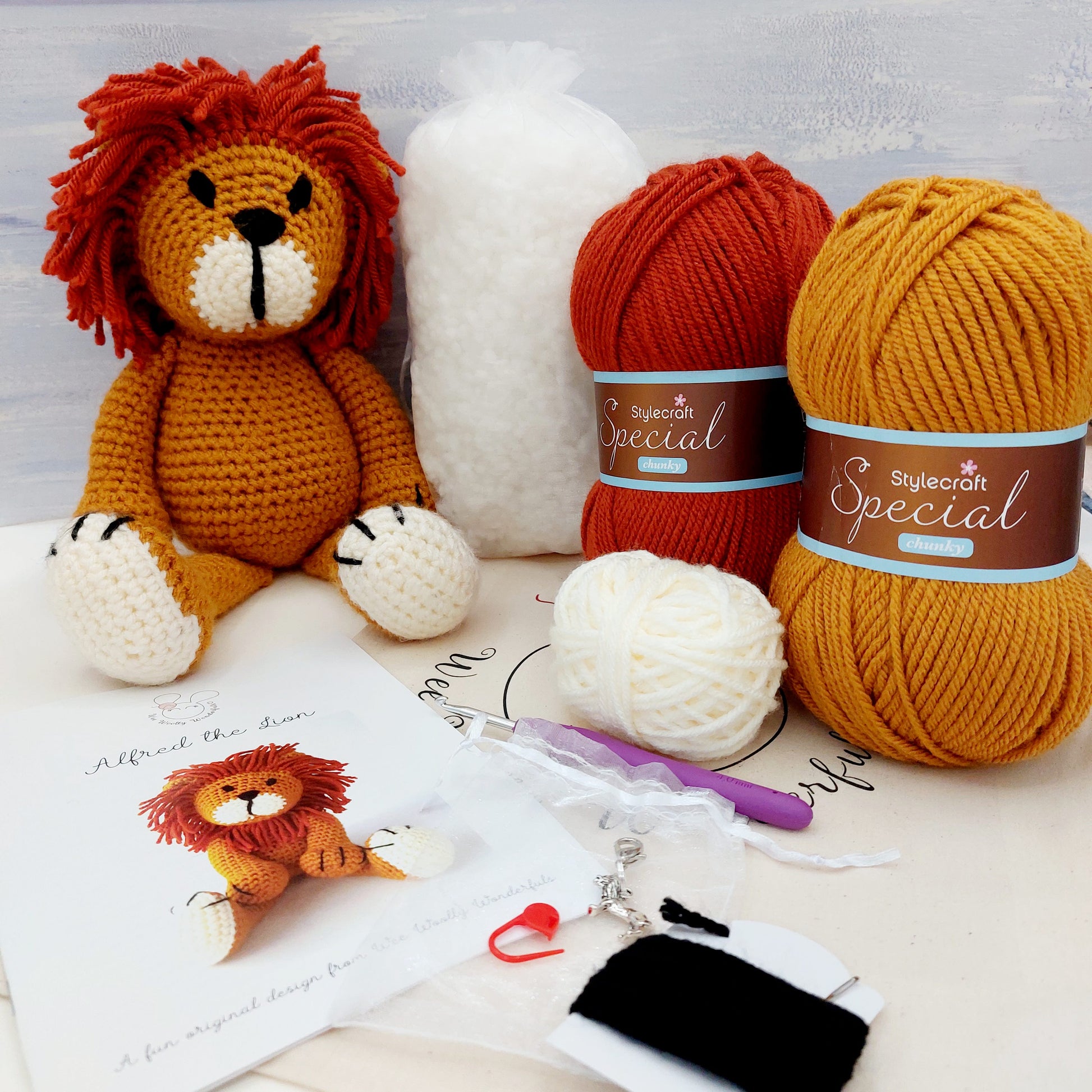 Lion Crochet KIts - contents and finished crocheted lion