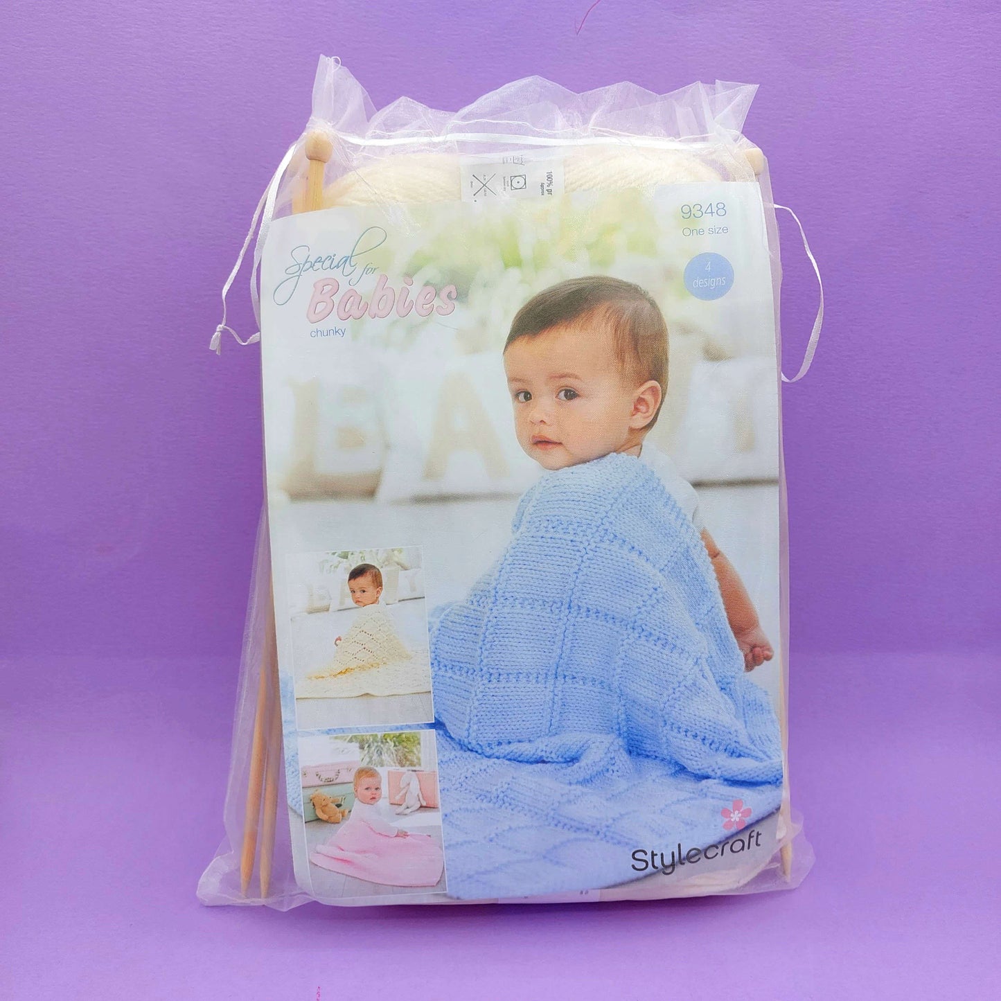 Baby Blanket Knitting Kit - 4 designs included and 3 wool colour choices