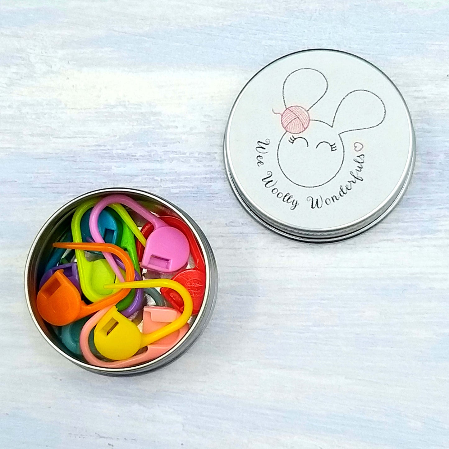 Tin of 10 rainbow coloured Stitch Markers