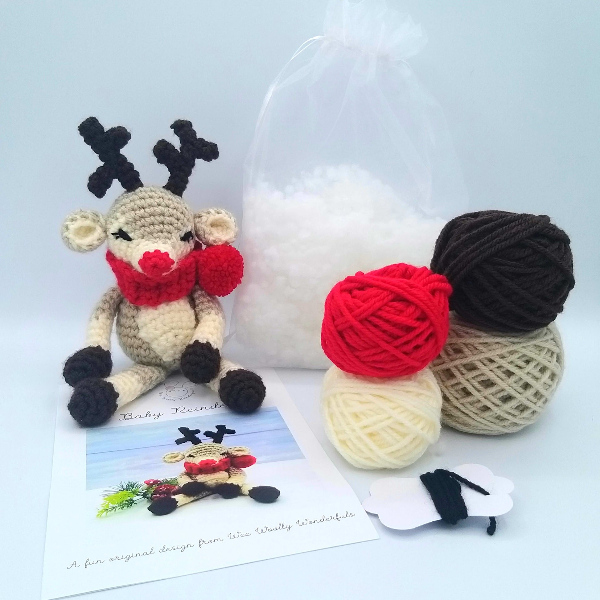 Crochet Reindeer with yarn, stuffing and pattern